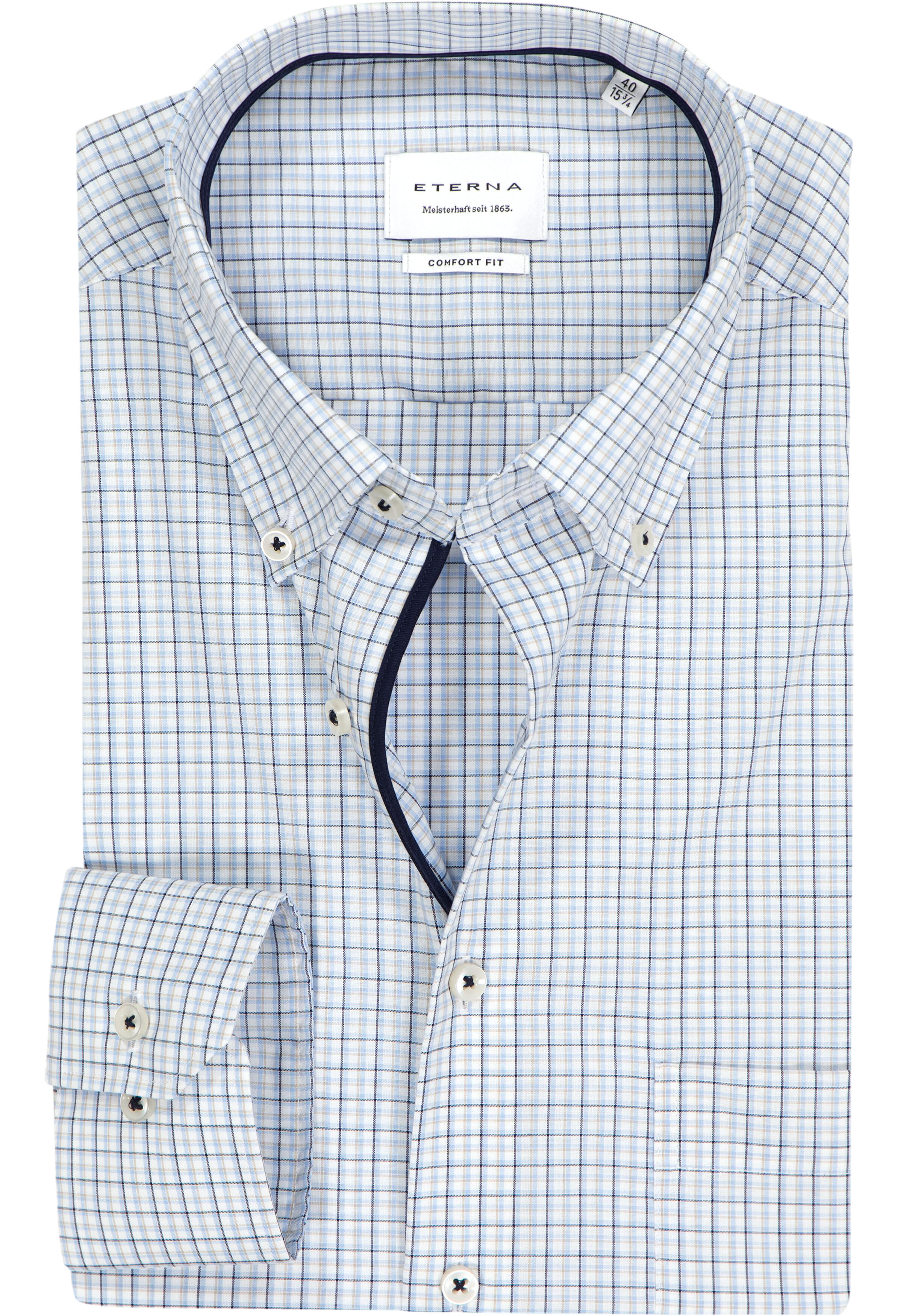 ETERNA comfort fit overhemd, popeline, wit met blauw en beige geruit