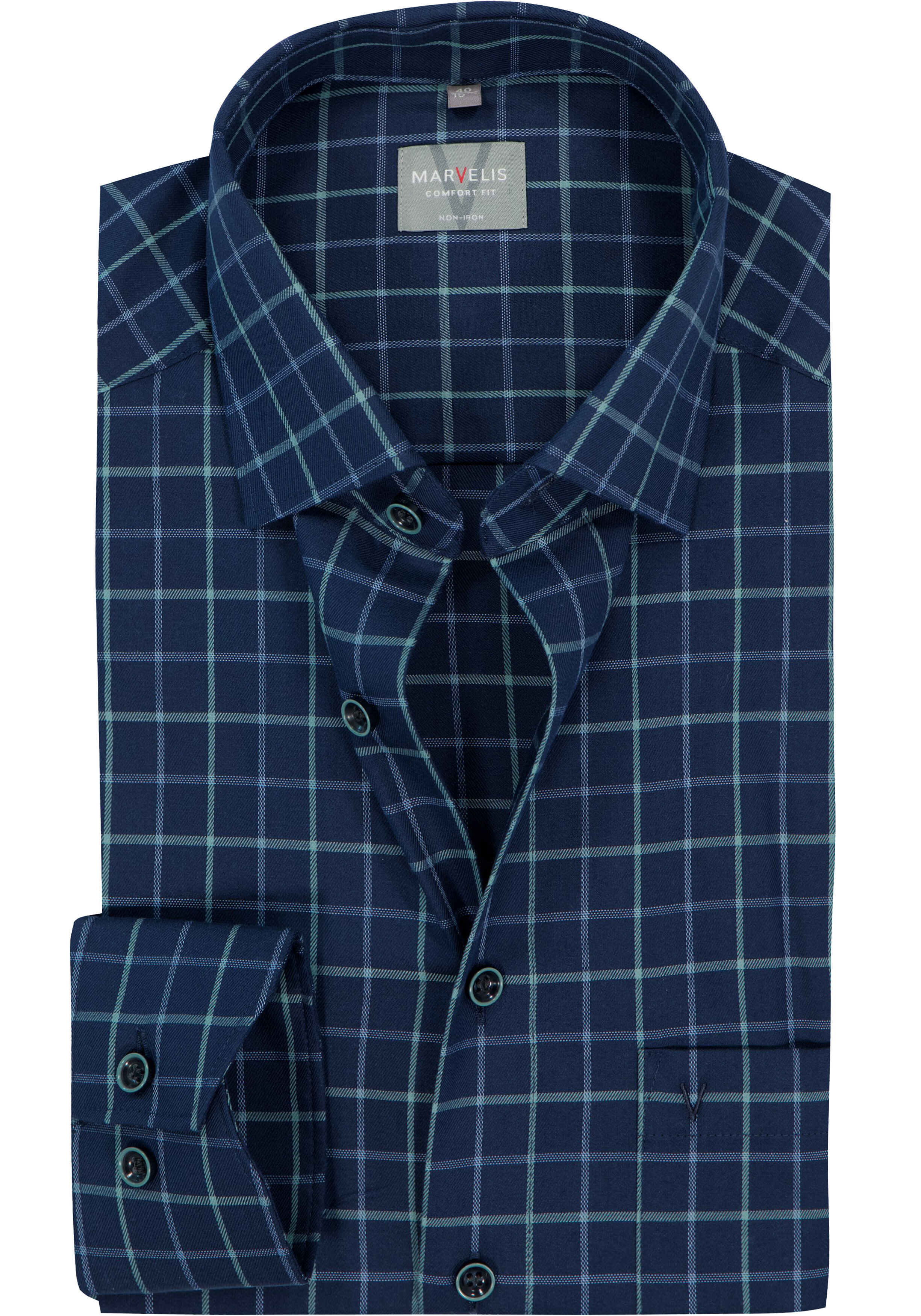 MARVELIS comfort fit overhemd, popeline, donkerblauw met lichtblauw en groen geruit