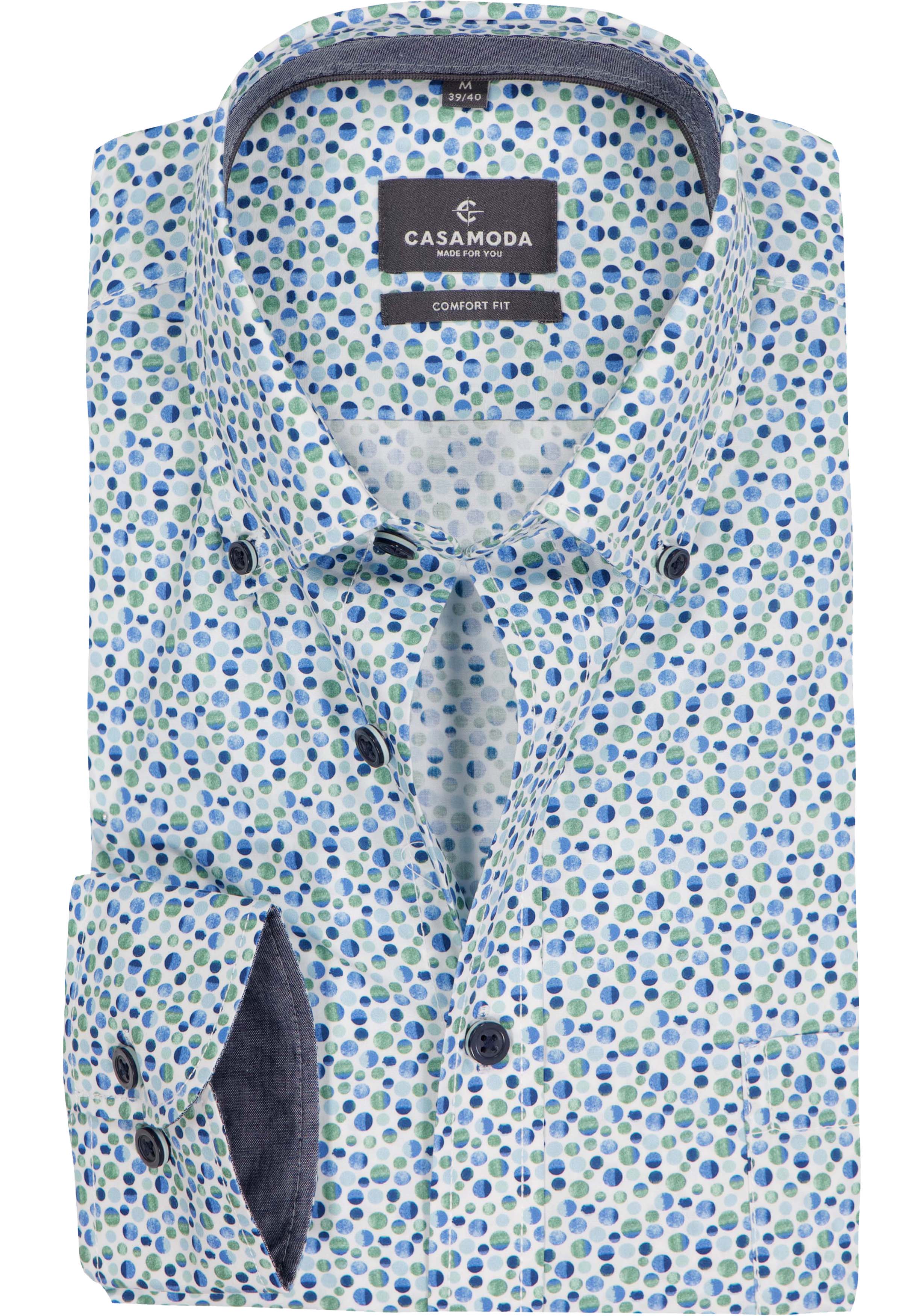 CASAMODA Sport comfort fit overhemd, popeline, wit met groen en blauw balletjes dessin