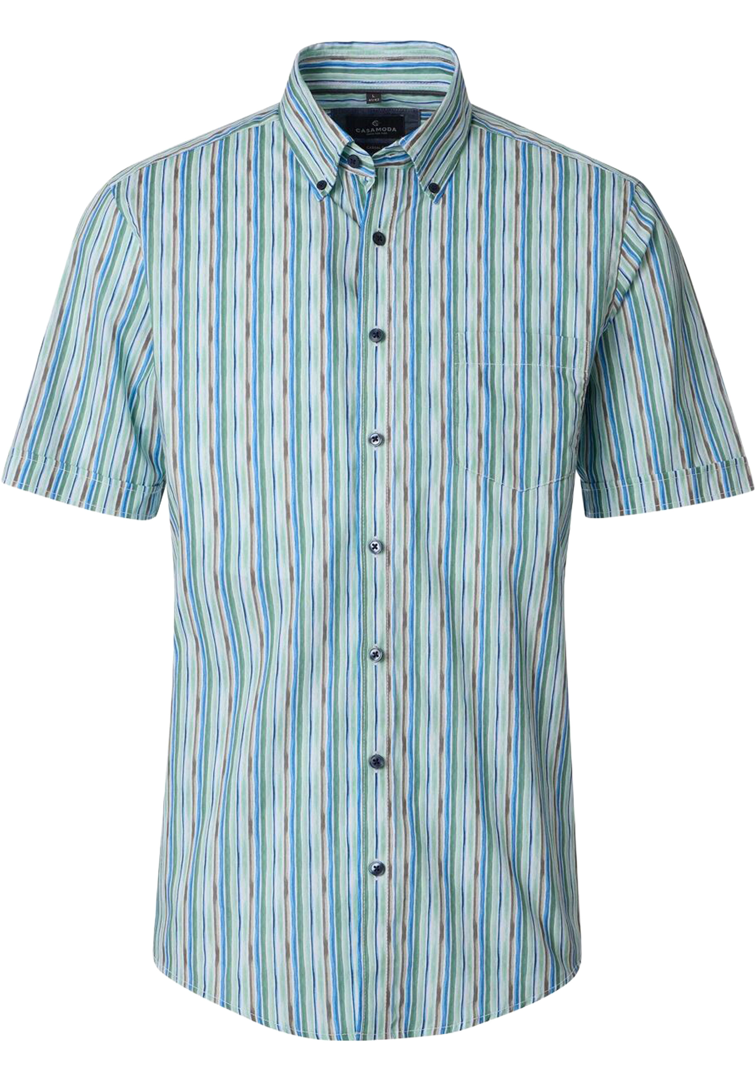 CASA MODA Sport casual fit overhemd, korte mouw, popeline, groen met blauw, wit en beige dessin