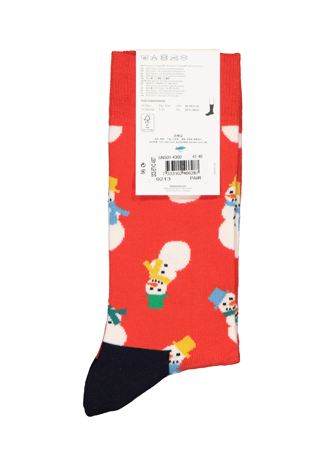 4-7333102466287_happy_socks_HR Happy Socks Snowman Sock, unisex sokken, rood met sneeuwpoppen