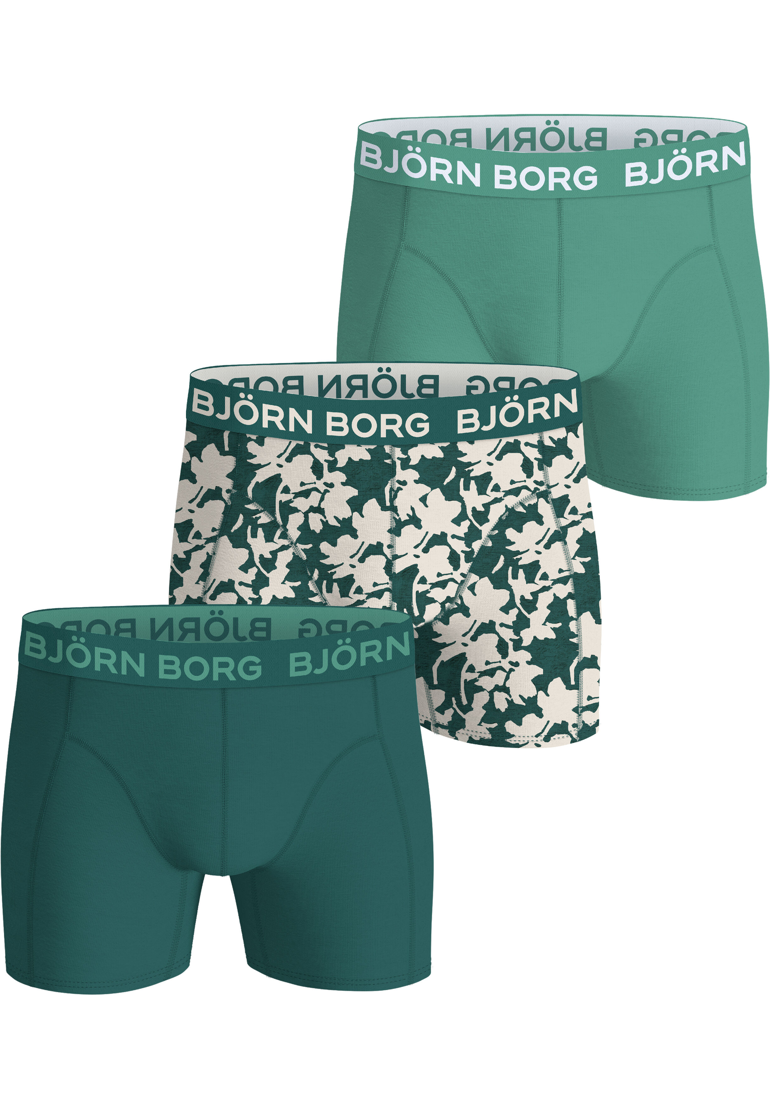 Bjorn Borg Cotton Stretch boxers, heren boxers normale lengte (3-pack), middengroen, groen met wit dessin en donkergroen