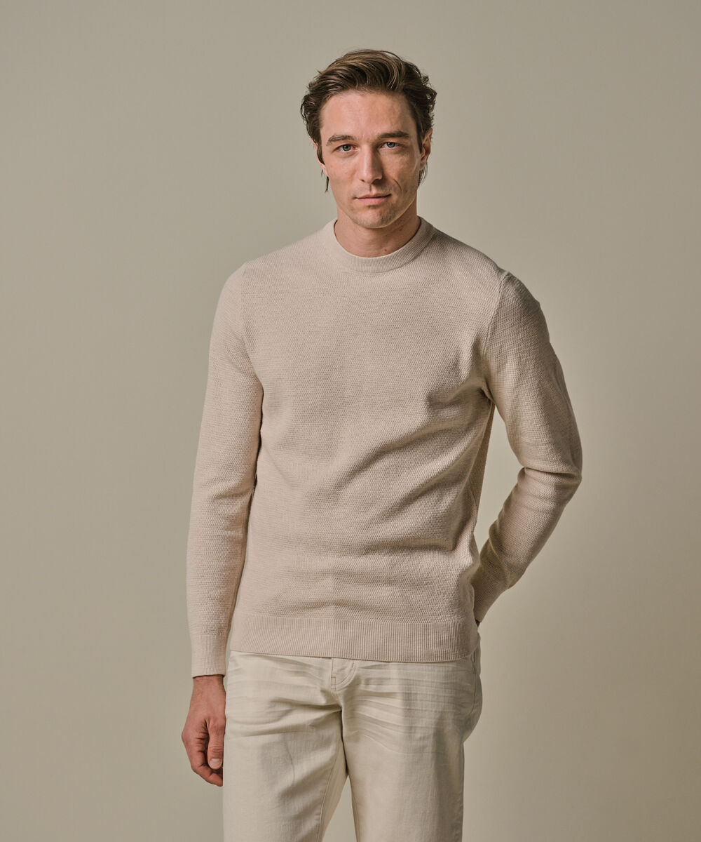 Profuomo heren trui katoen, slim fit trui met O-hals, off white
