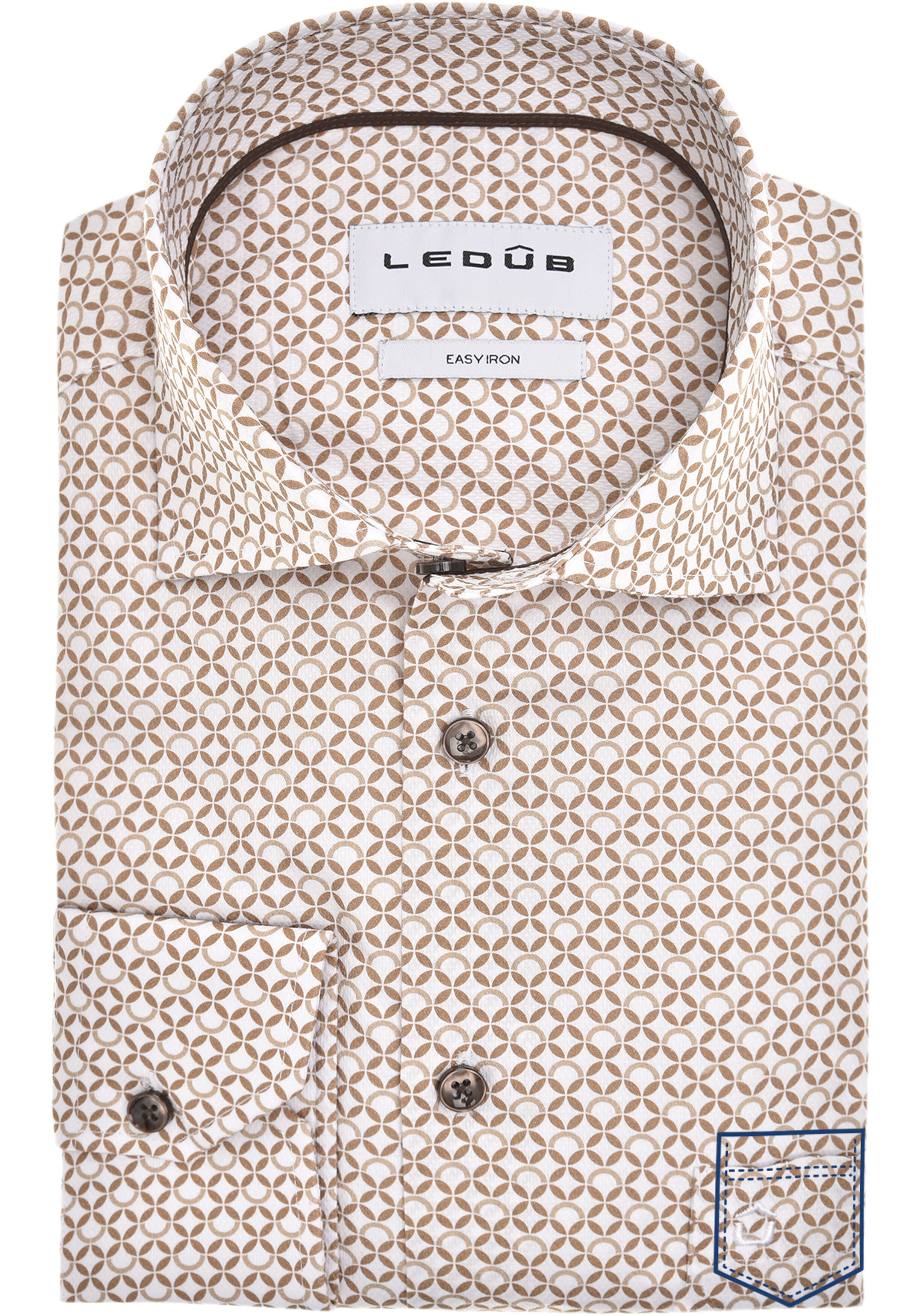 Ledub modern fit overhemd, popeline, bruin met wit dessin