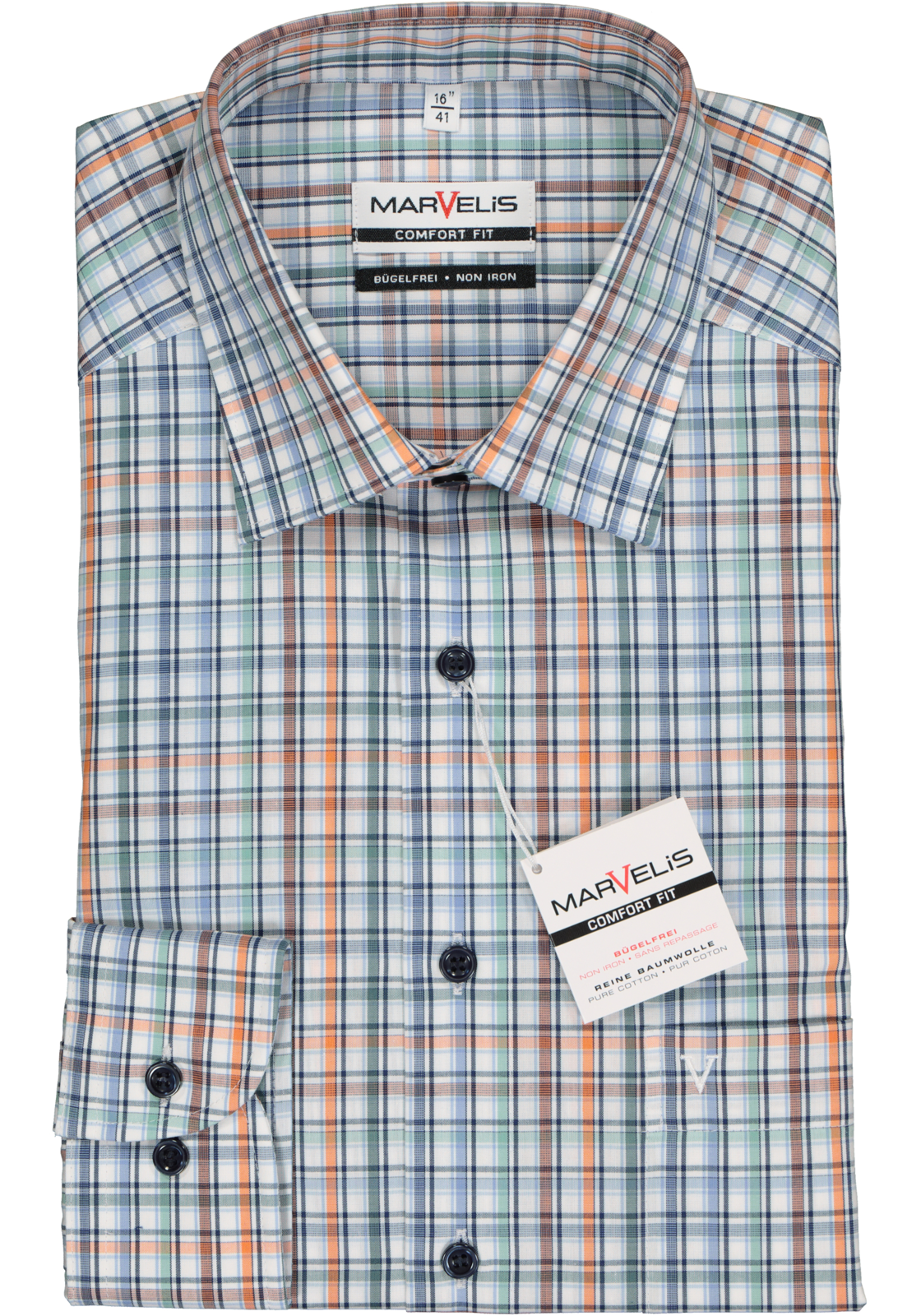 2-4062534682769_marvelis-overhemd_HR MARVELIS comfort fit overhemd, popeline, wit, blauw, groen, oranje en bruin geruit