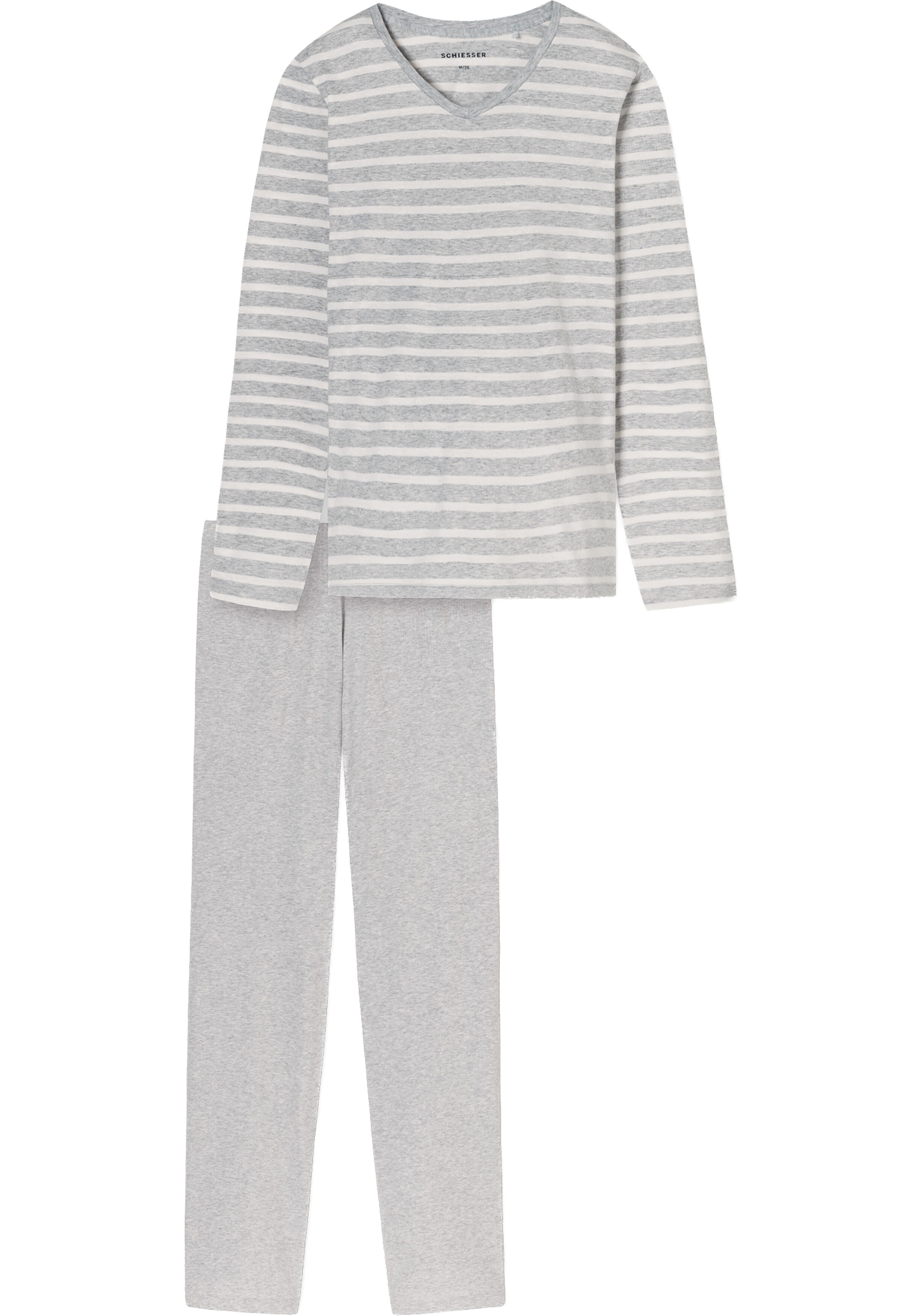 SCHIESSER dames Cotton Essentials Pyjama lang, dames pyjama set, zilvergrijs melange gestreept