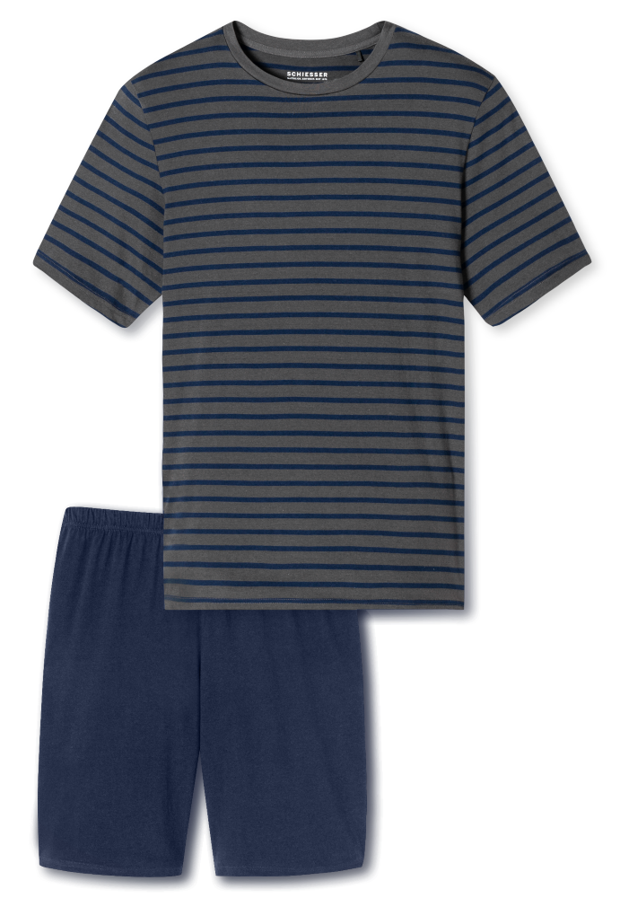 SCHIESSER Cotton Essentials Pyjama kort, heren shortama set, antraciet gestreept