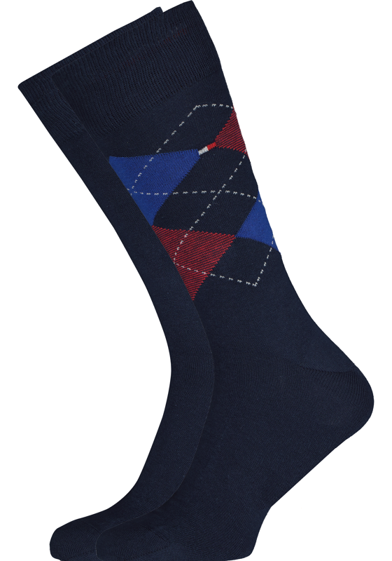 Tommy Hilfiger Check Socks (2-pack), herensokken katoen, geruit en uni, original blauw met rood Tommy Hilfiger Check Socks (2-pack), herensokken katoen, geruit en uni, original blauw met rood