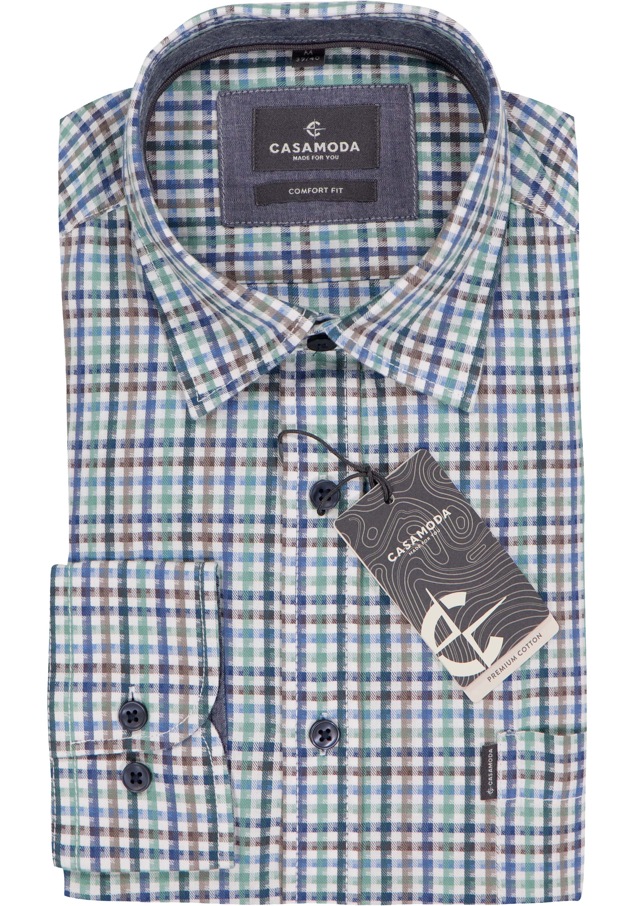 CASAMODA Sport comfort fit overhemd, popeline, wit met blauw en groen geruit