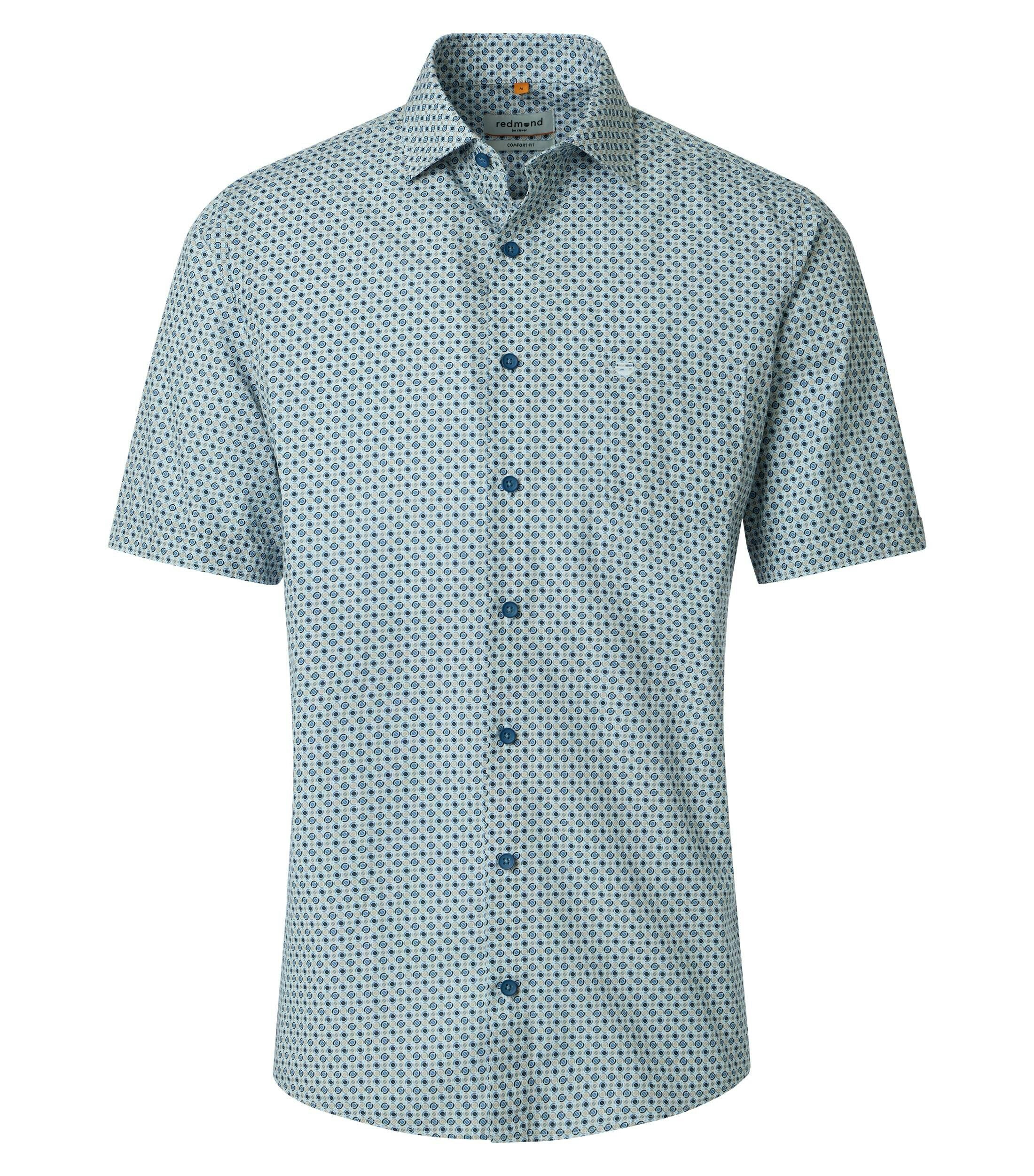 Redmond comfort fit overhemd, korte mouw, popeline, wit met licht- en donkerblauw en beige dessin