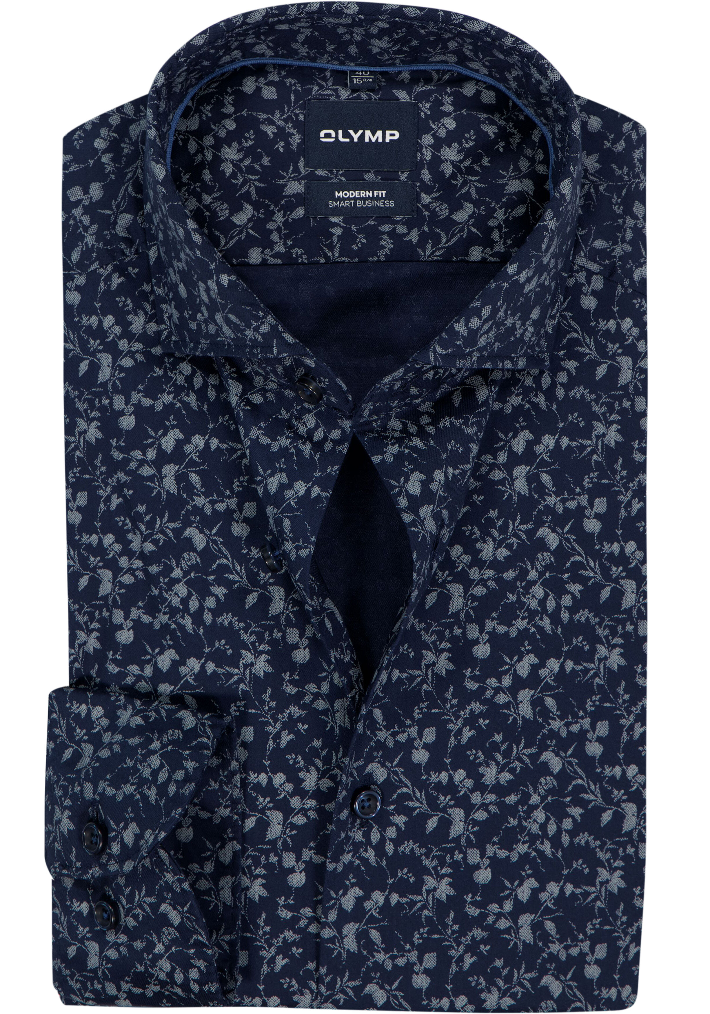 OLYMP Smart Business modern fit overhemd, popeline, marine blauw dessin