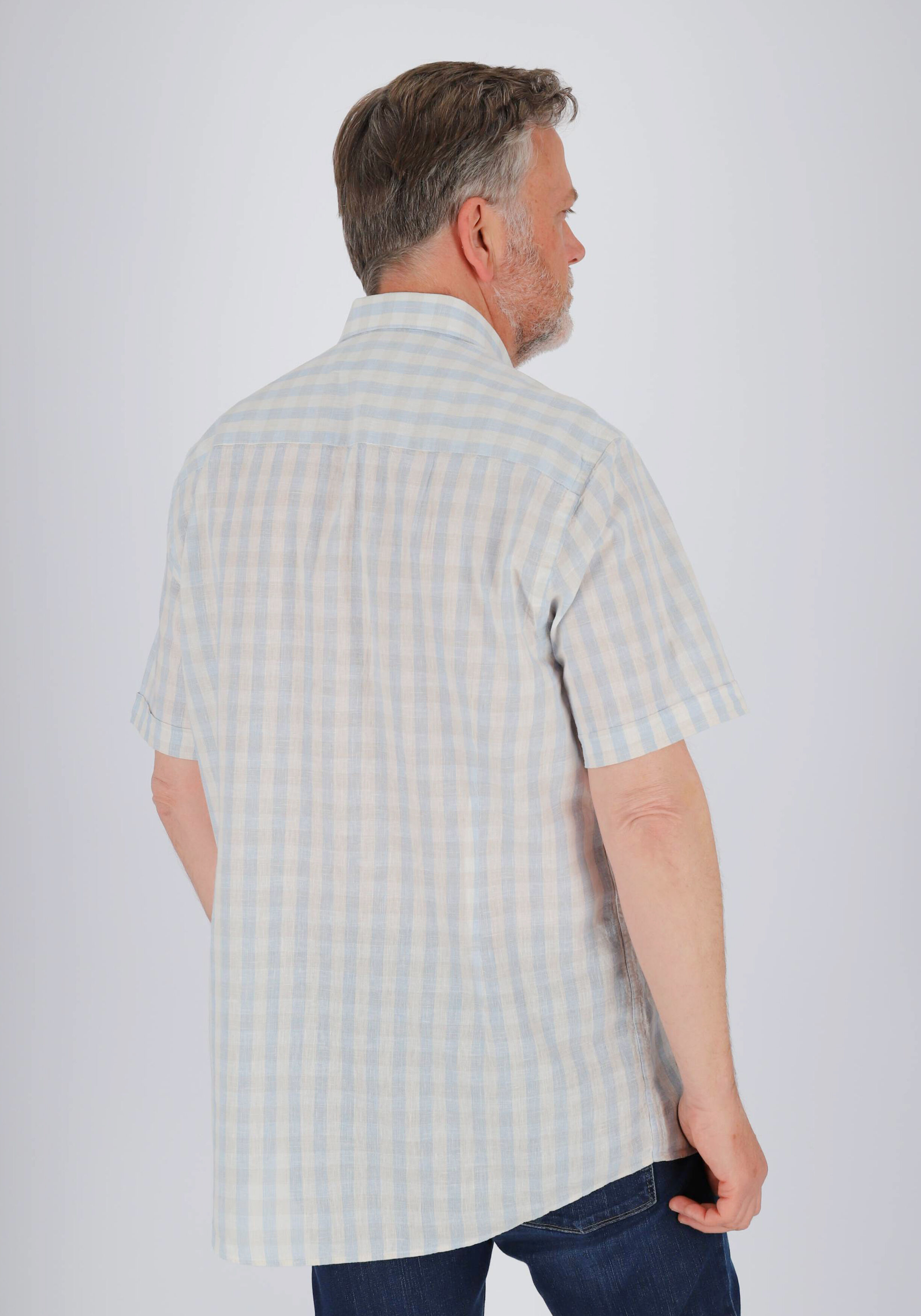 Ledub modern fit overhemd, korte mouw, popeline, lichtblauw geruit