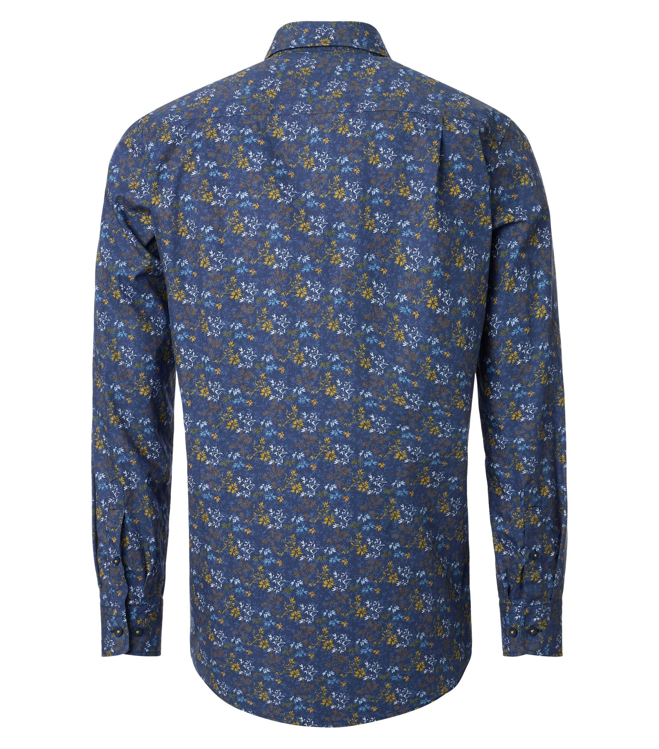 Redmond modern fit overhemd, popeline, donkerblauw met geel en bruin dessin