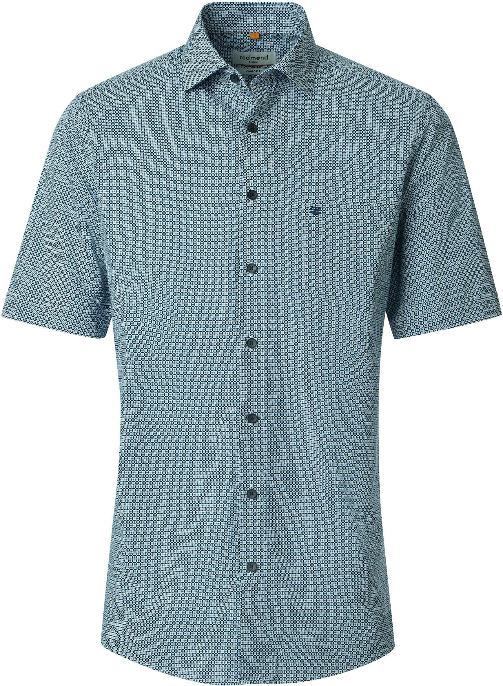 Redmond comfort fit overhemd, korte mouw, popeline, lichtblauw, donkerblauw, wit dessin