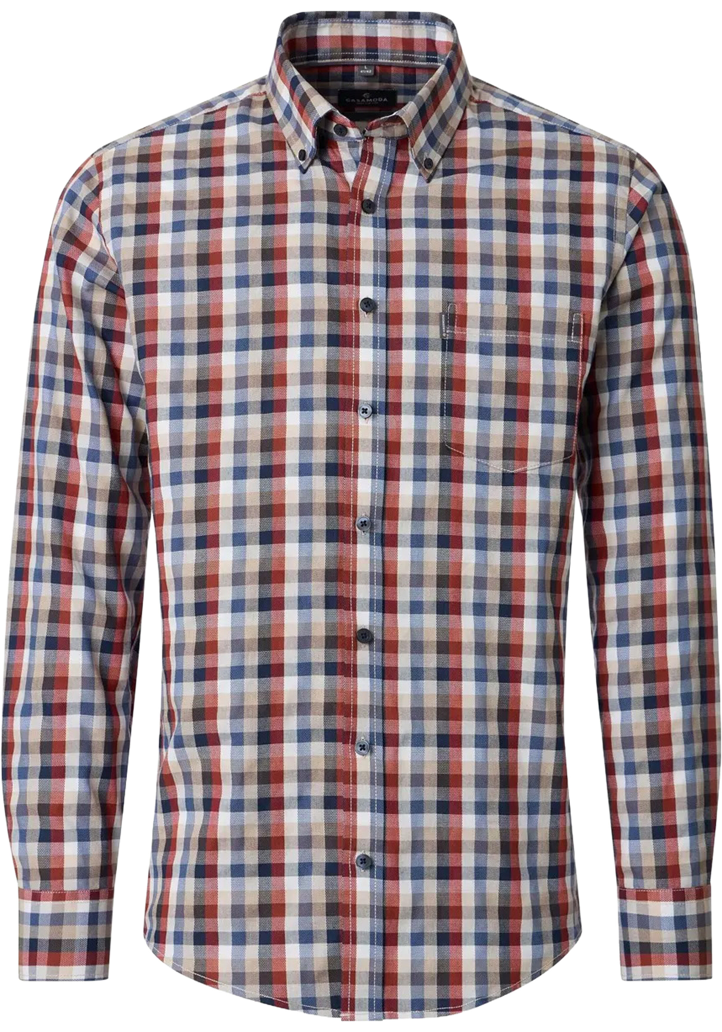 CASA MODA Sport casual fit overhemd, dobby, blauw met wit, blauw en beige geruit