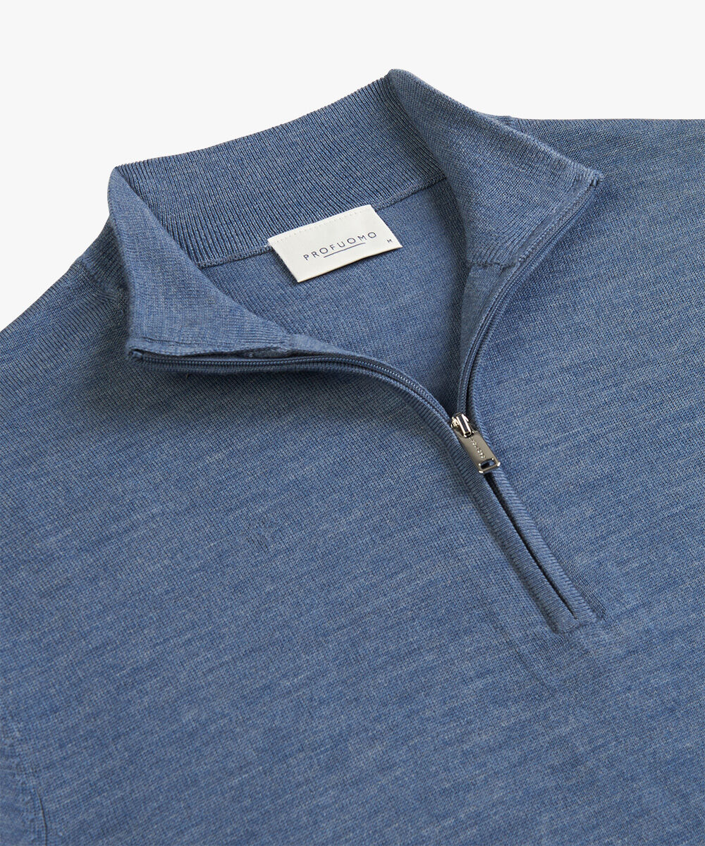Profuomo heren trui wol, slim fit trui met korte rits, blauw