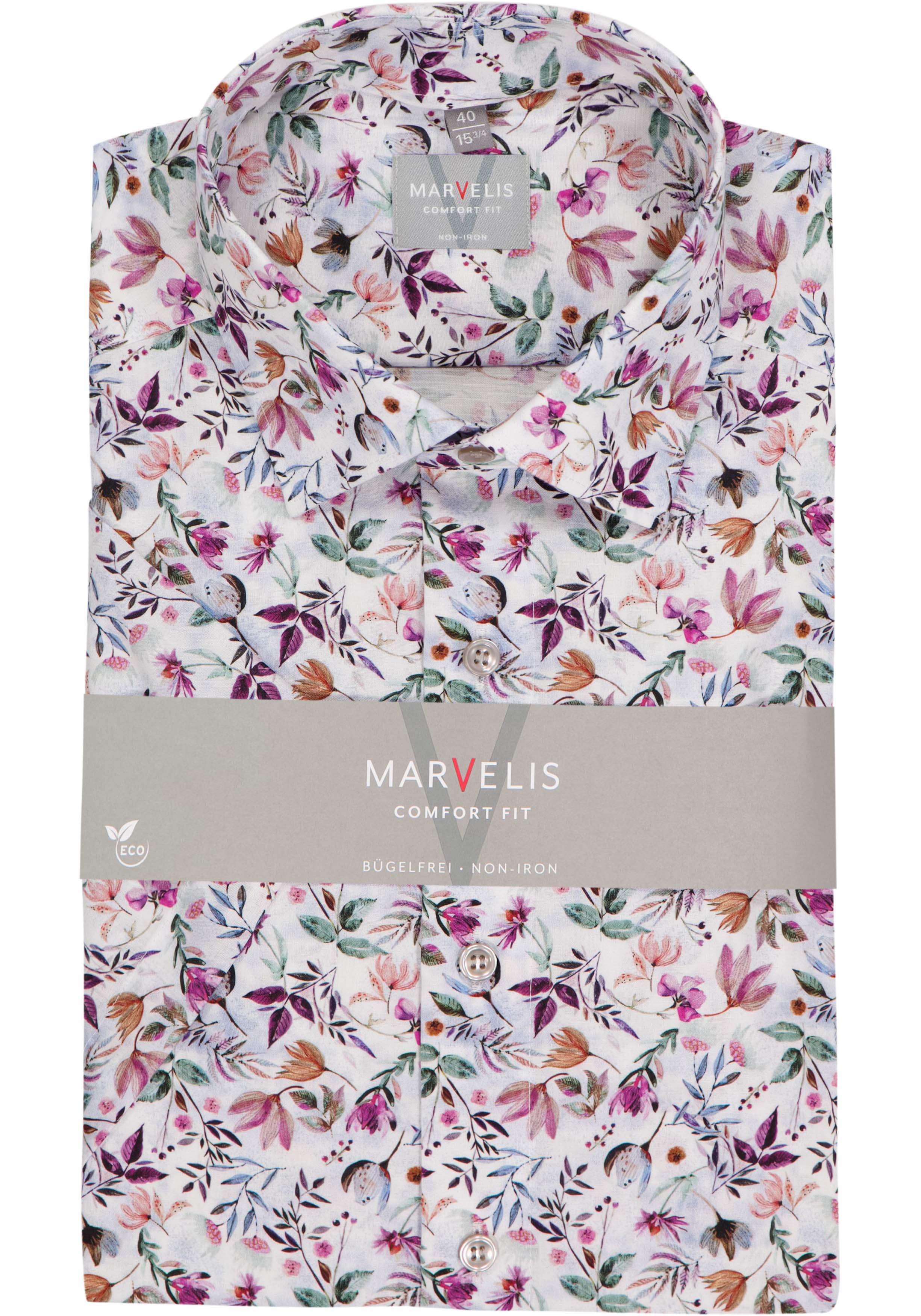 MARVELIS comfort fit overhemd, korte mouw, popeline, wit met roze, groen en blauw bloemen dessin