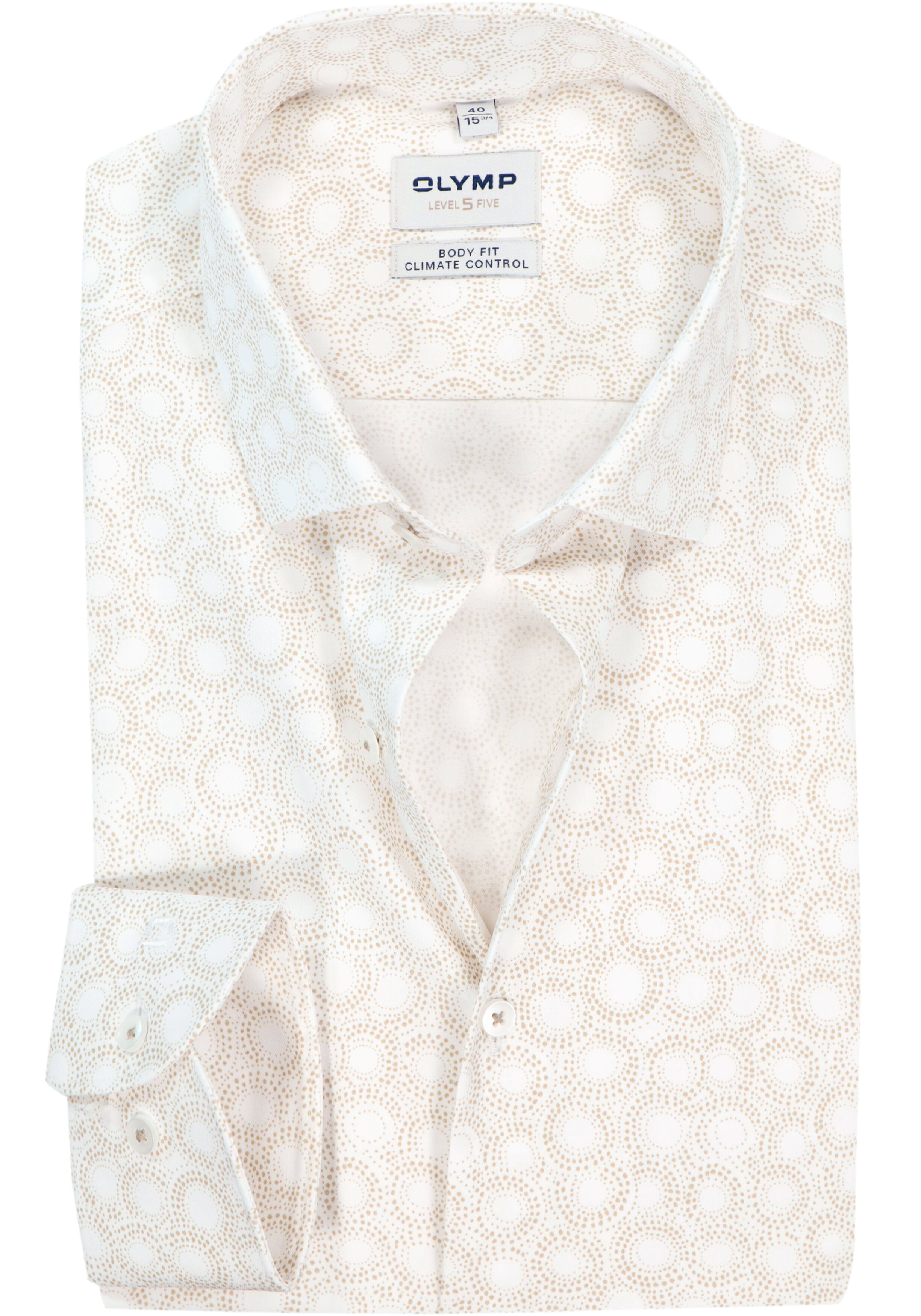 OLYMP 24/7 Level 5 body fit overhemd, dobby, wit met beige dessin
