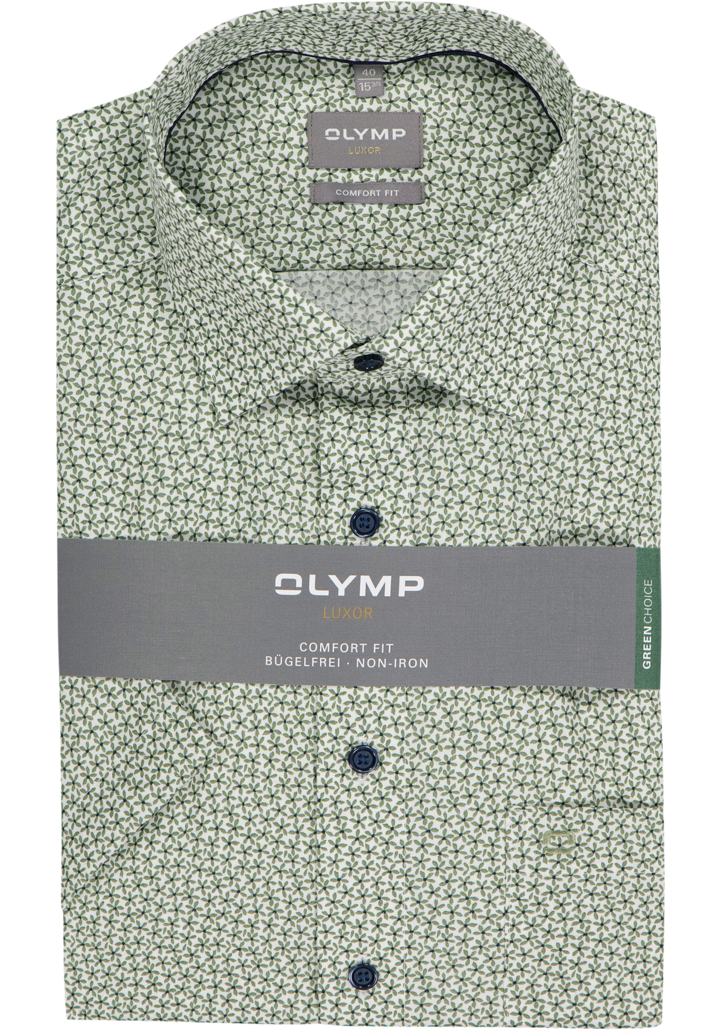 OLYMP Luxor comfort fit overhemd, korte mouw, dobby, wit met olijfgroen bloemetjes dessin