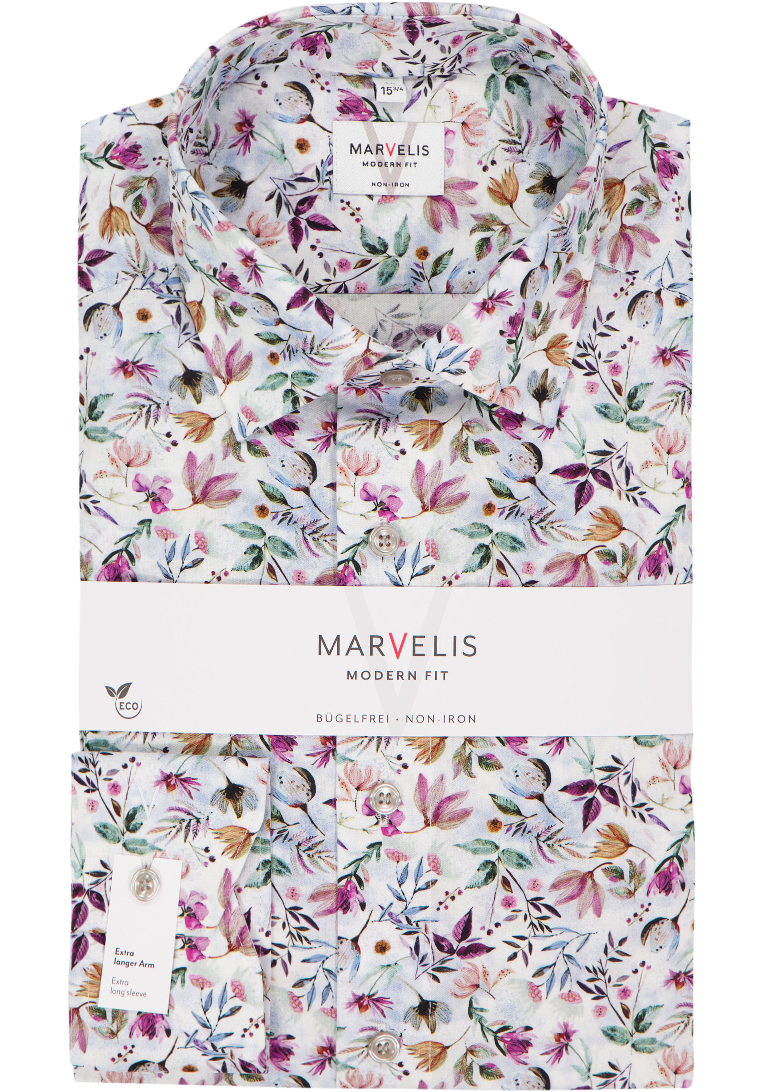 MARVELIS modern fit overhemd, mouwlengte 7, popeline, wit met roze, groen en blauw bloemen dessin