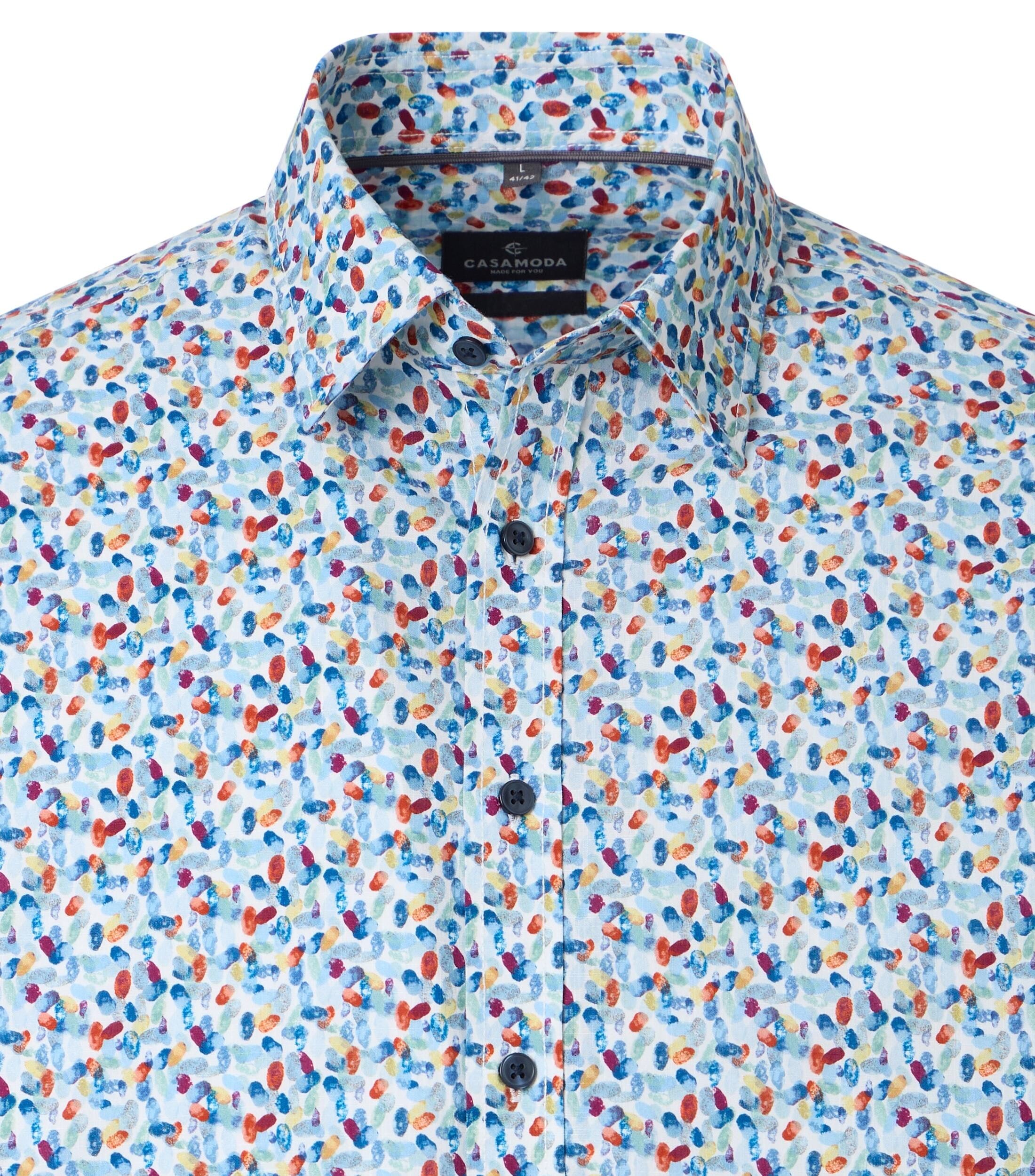 CASA MODA Sport casual fit overhemd, korte mouw, chambray, wit met blauw, rood en geel dessin