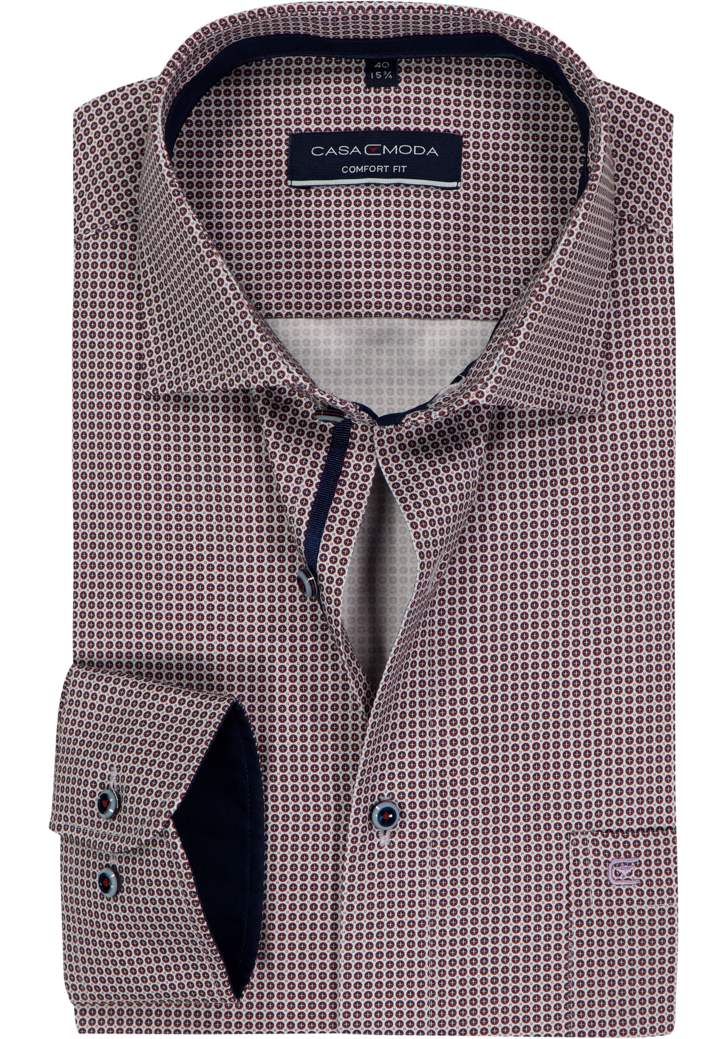 CASA MODA comfort fit overhemd, popeline, wit met bruin en blauw dessin