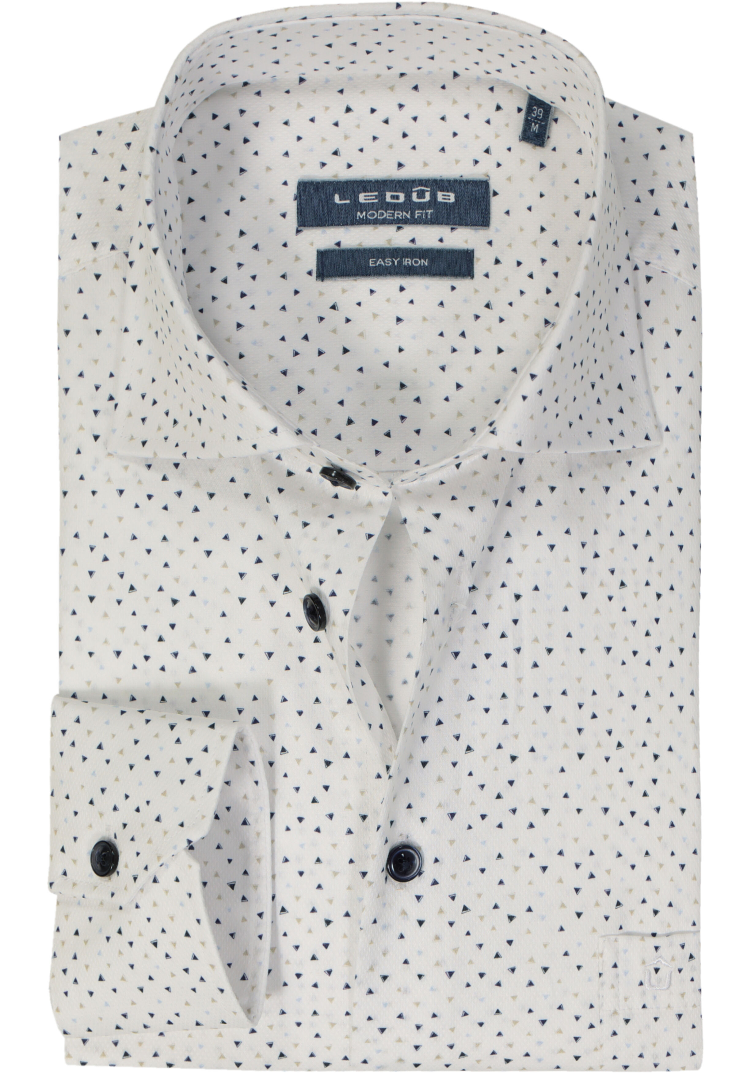Ledub modern fit overhemd, structuur, wit met blauw en beige dessin