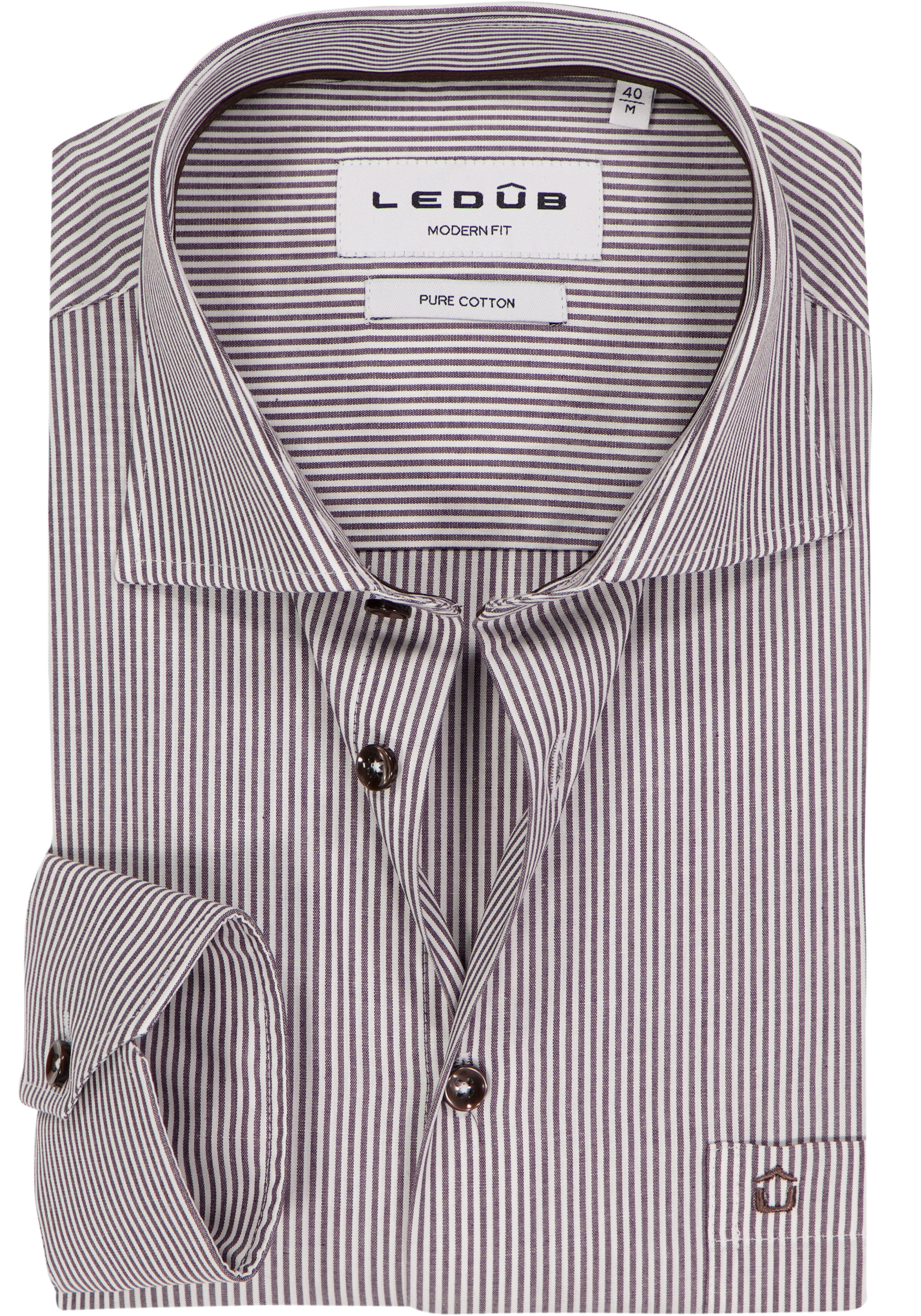 Ledub modern fit overhemd, popeline, donkerbruin gestreept