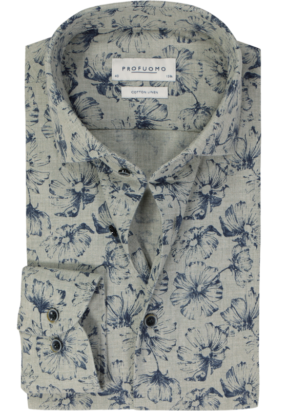 Profuomo slim fit heren overhemd, popeline, groen dessin Profuomo slim fit heren overhemd, popeline, groen dessin