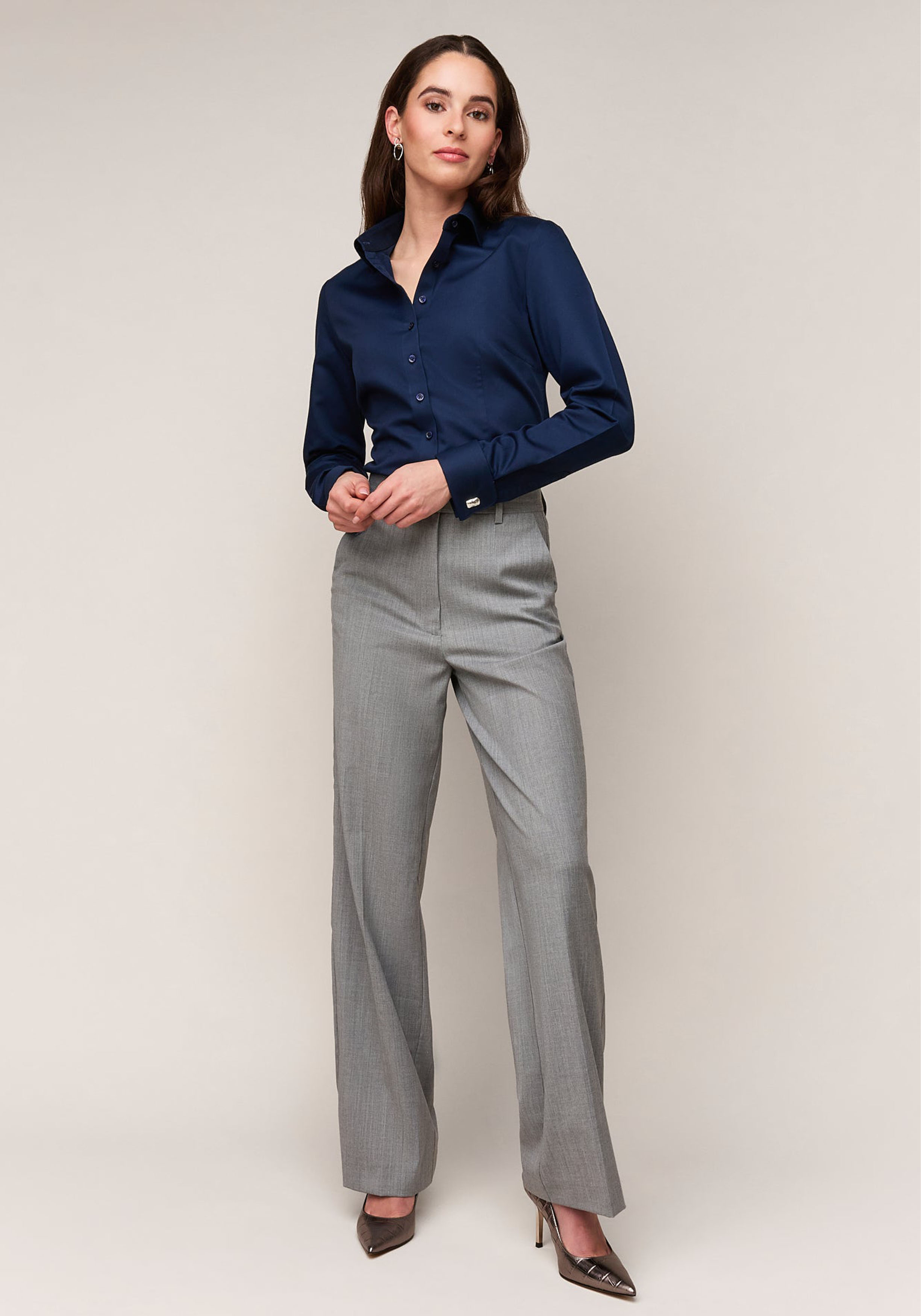 Vander Amsterdam damesblouse slim fit dubbele manchet, twill, navy