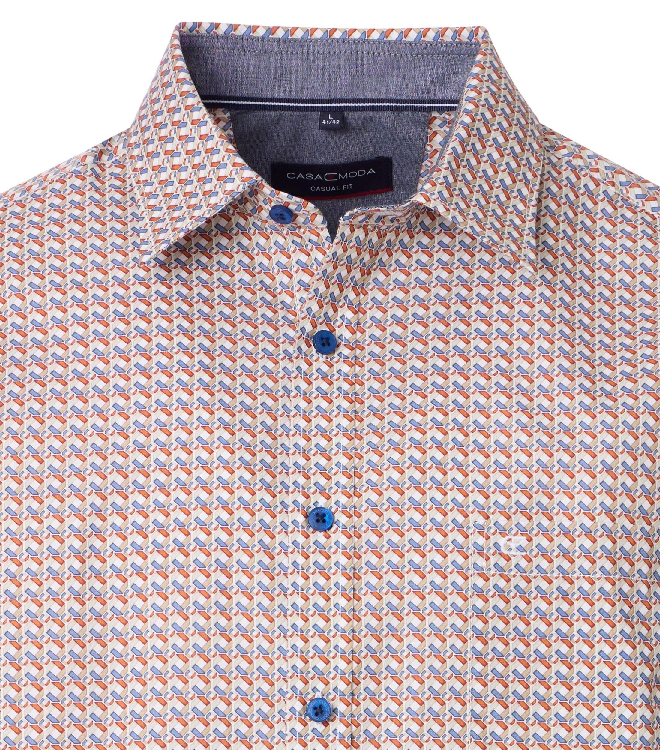 CASA MODA Sport casual fit overhemd, korte mouw, popeline, wit met rood, blauw en beige dessin
