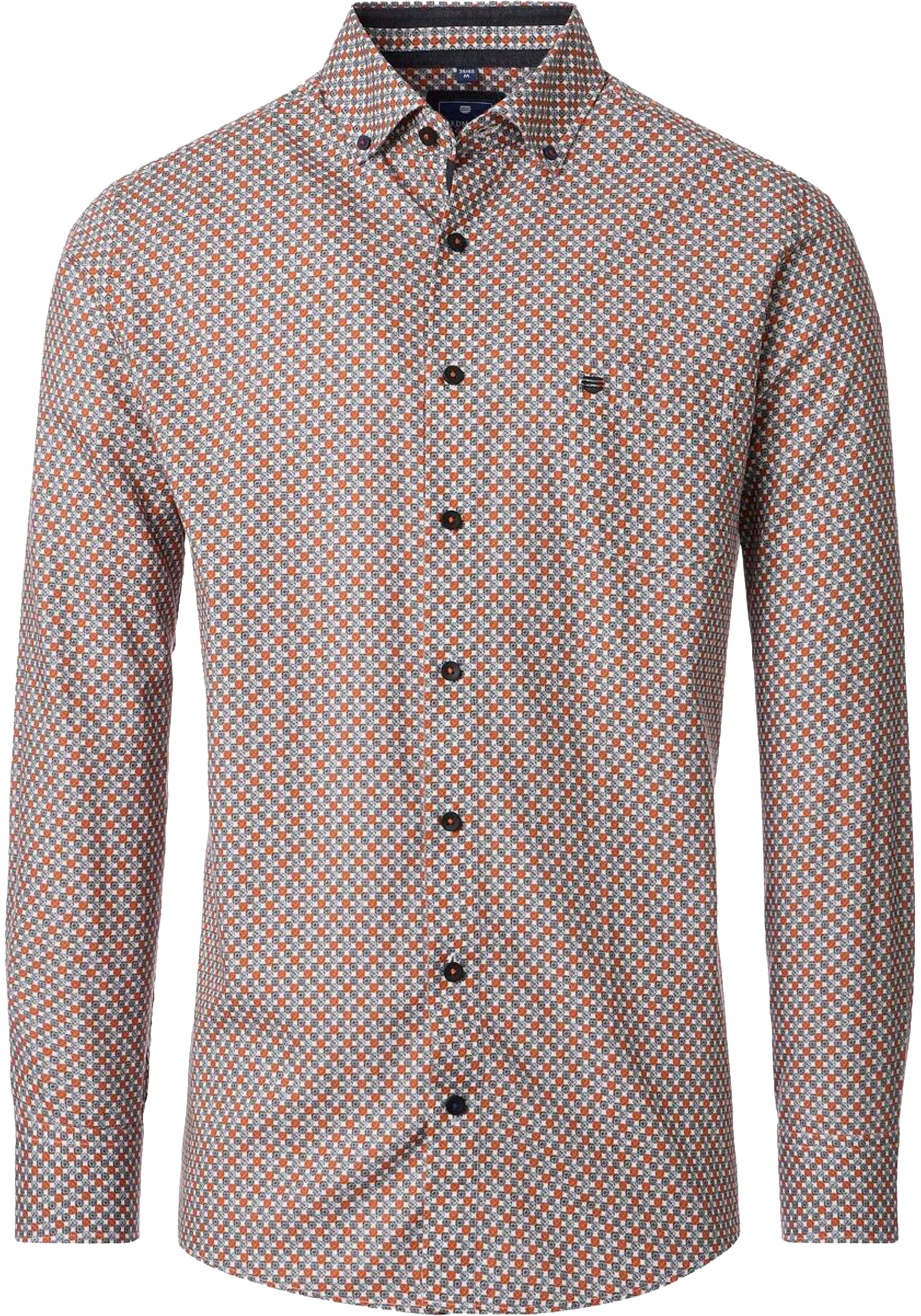 Redmond comfort fit overhemd, popeline, wit, grijs en oranje dessin