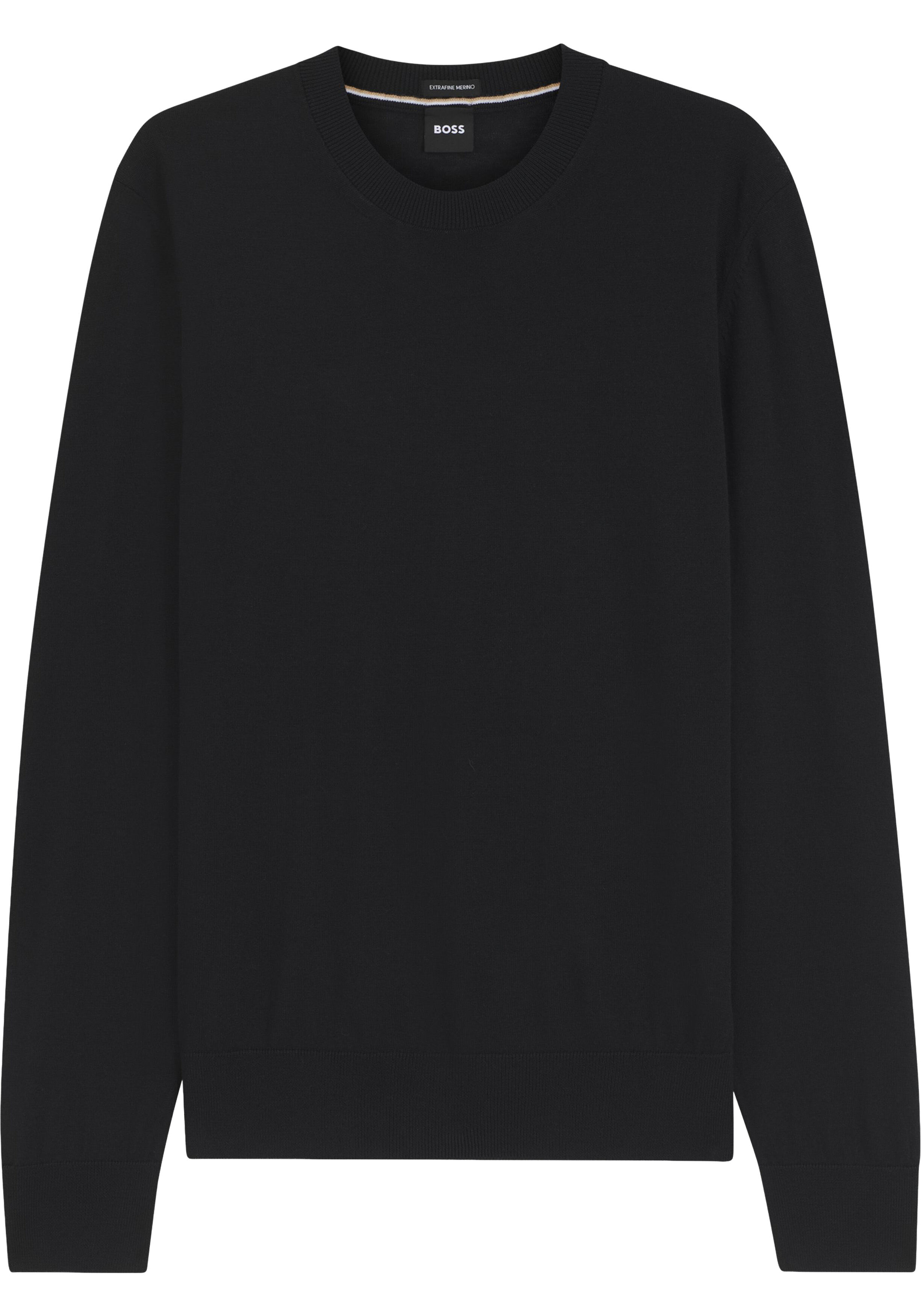 BOSS Leno slim fit trui wol, heren pullover middeldik O-hals, zwart