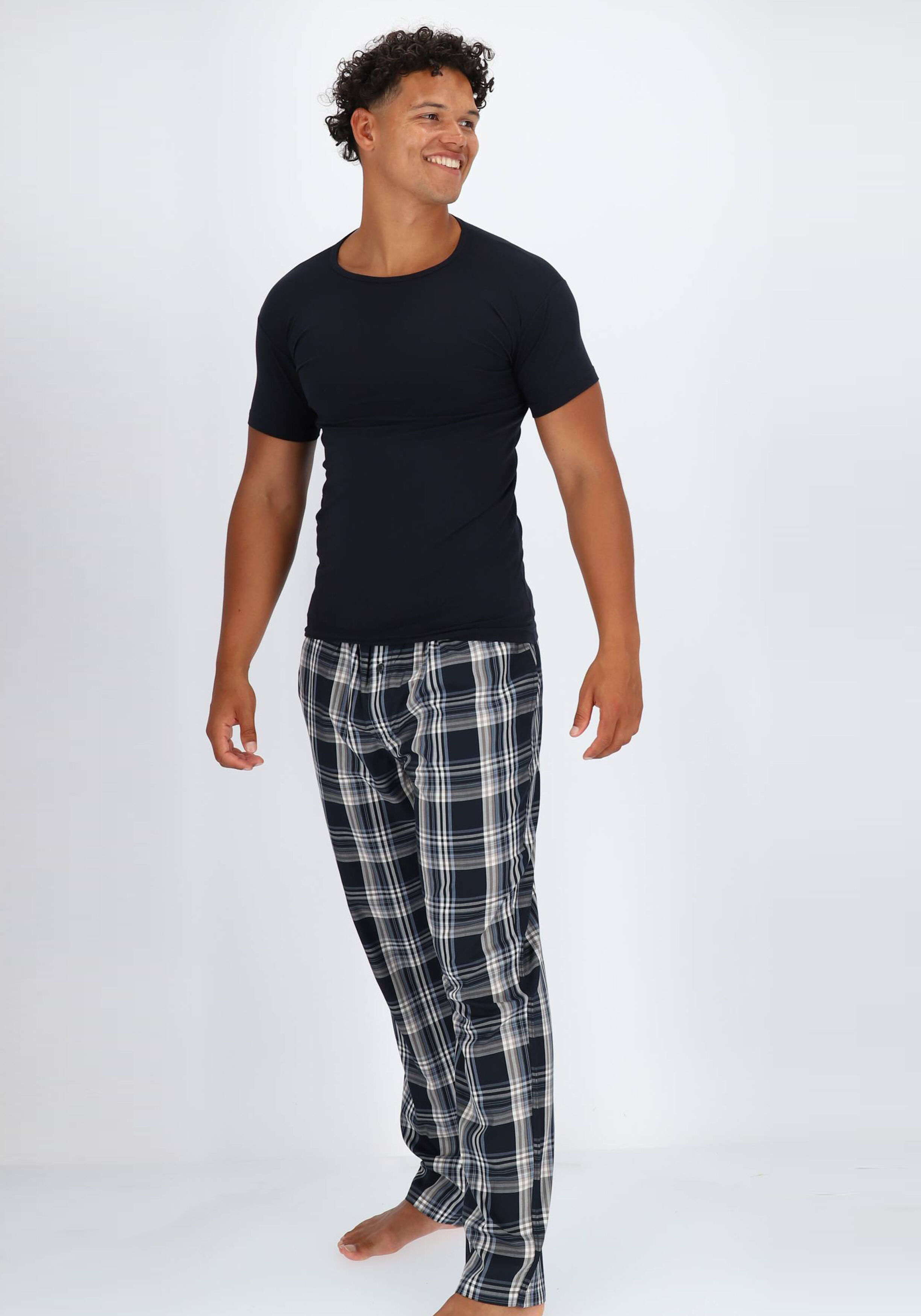SCHIESSER Mix+Relax lounge broek, lange pijpen, dun niet elastisch, blauw geruit