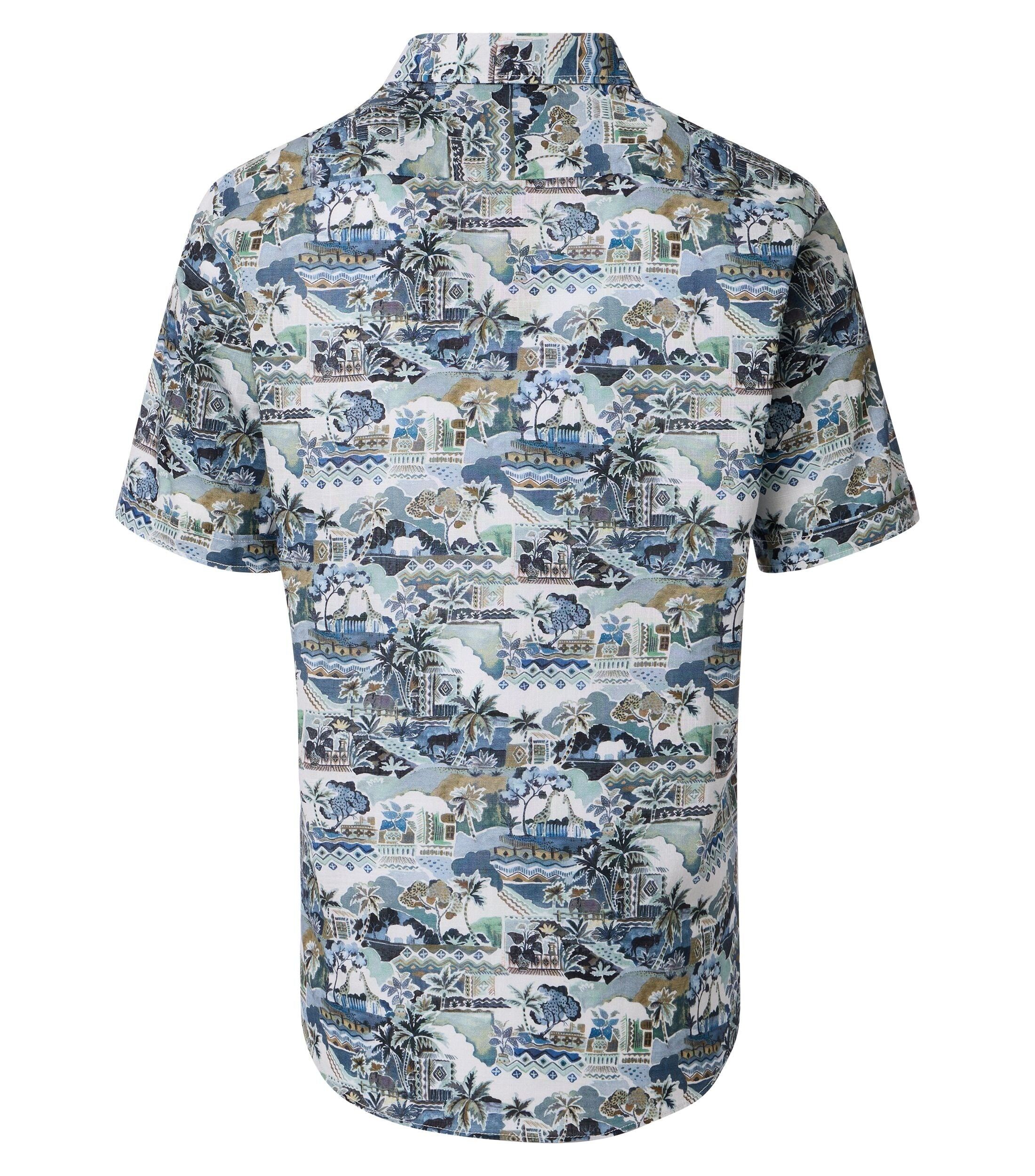 CASA MODA Sport casual fit overhemd, korte mouw, chambray, wit met groen, blauw en beige dessin