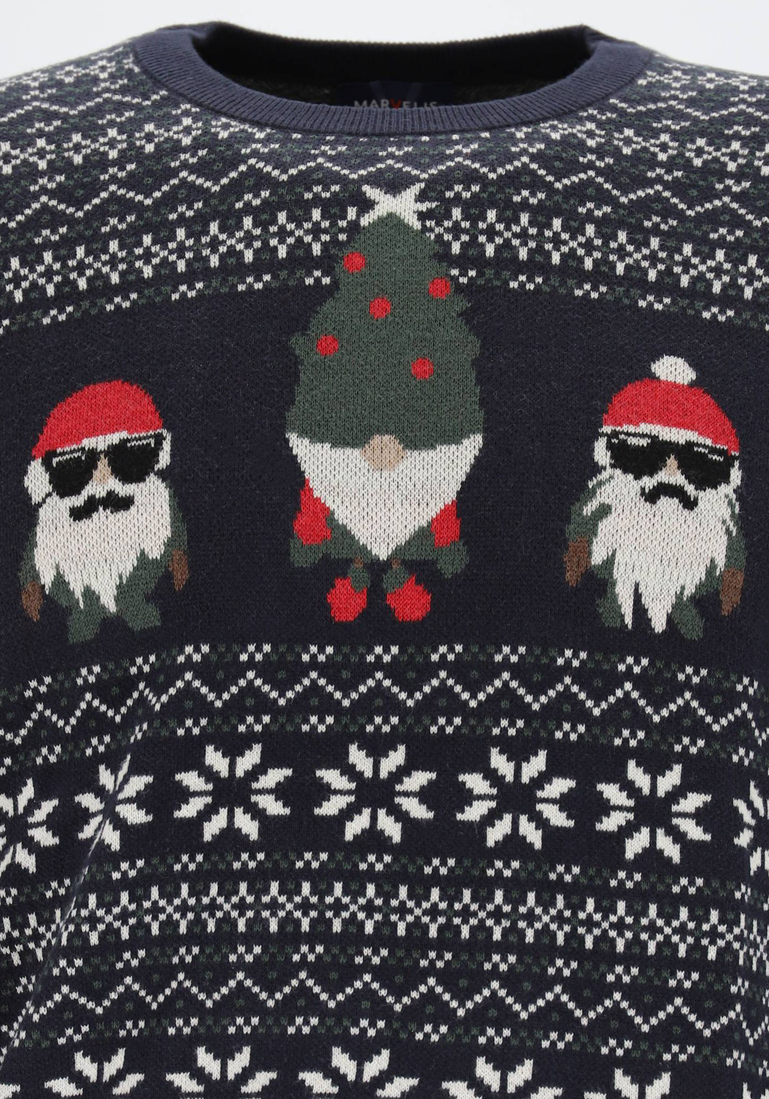 MARVELIS modern fit Kersttrui katoen, O-hals, donkerblauw met Kerst print