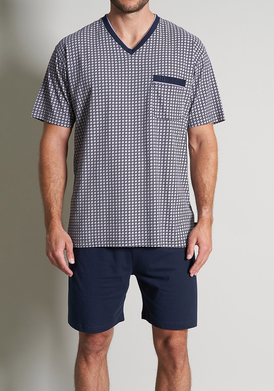 Gotzburg heren shortama V-hals, donkerblauw mini dessin Gotzburg heren shortama V-hals, donkerblauw mini dessin