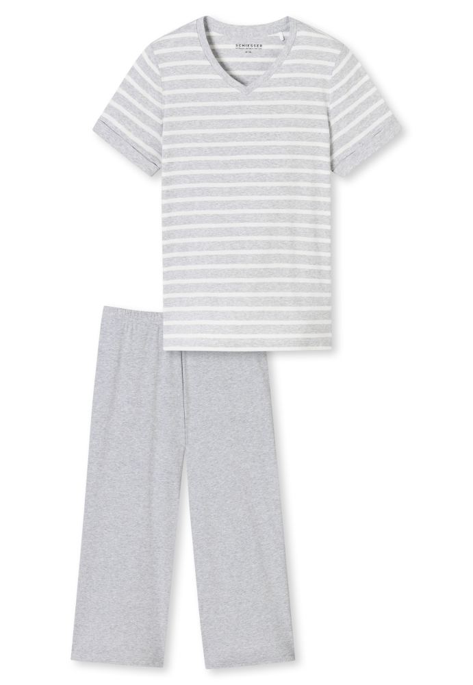 SCHIESSER dames Cotton Essentials Pyjama lang, dames pyjama set, zilvergrijs melange gestreept