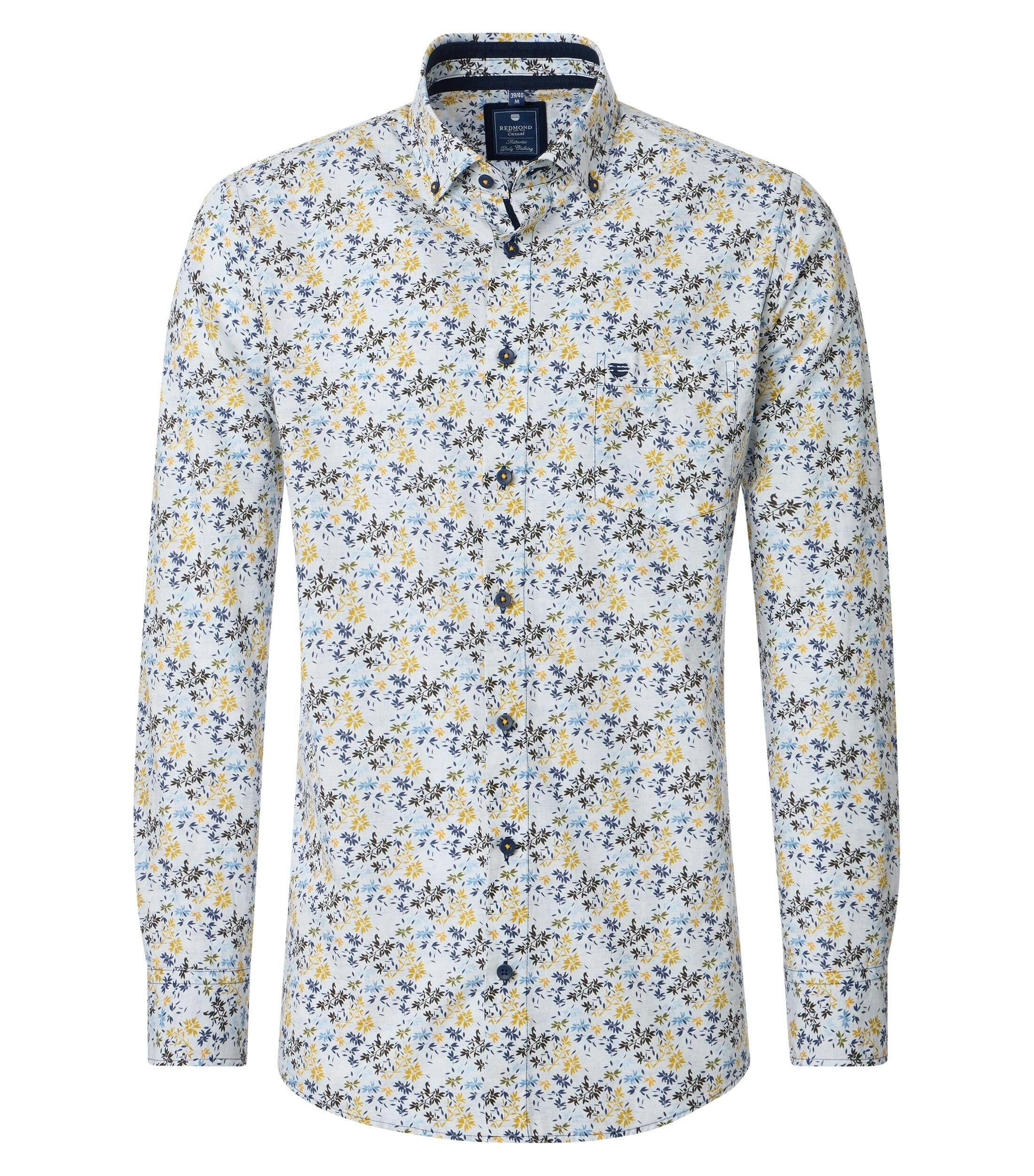 Redmond comfort fit overhemd, popeline, wit met blauw en geel dessin