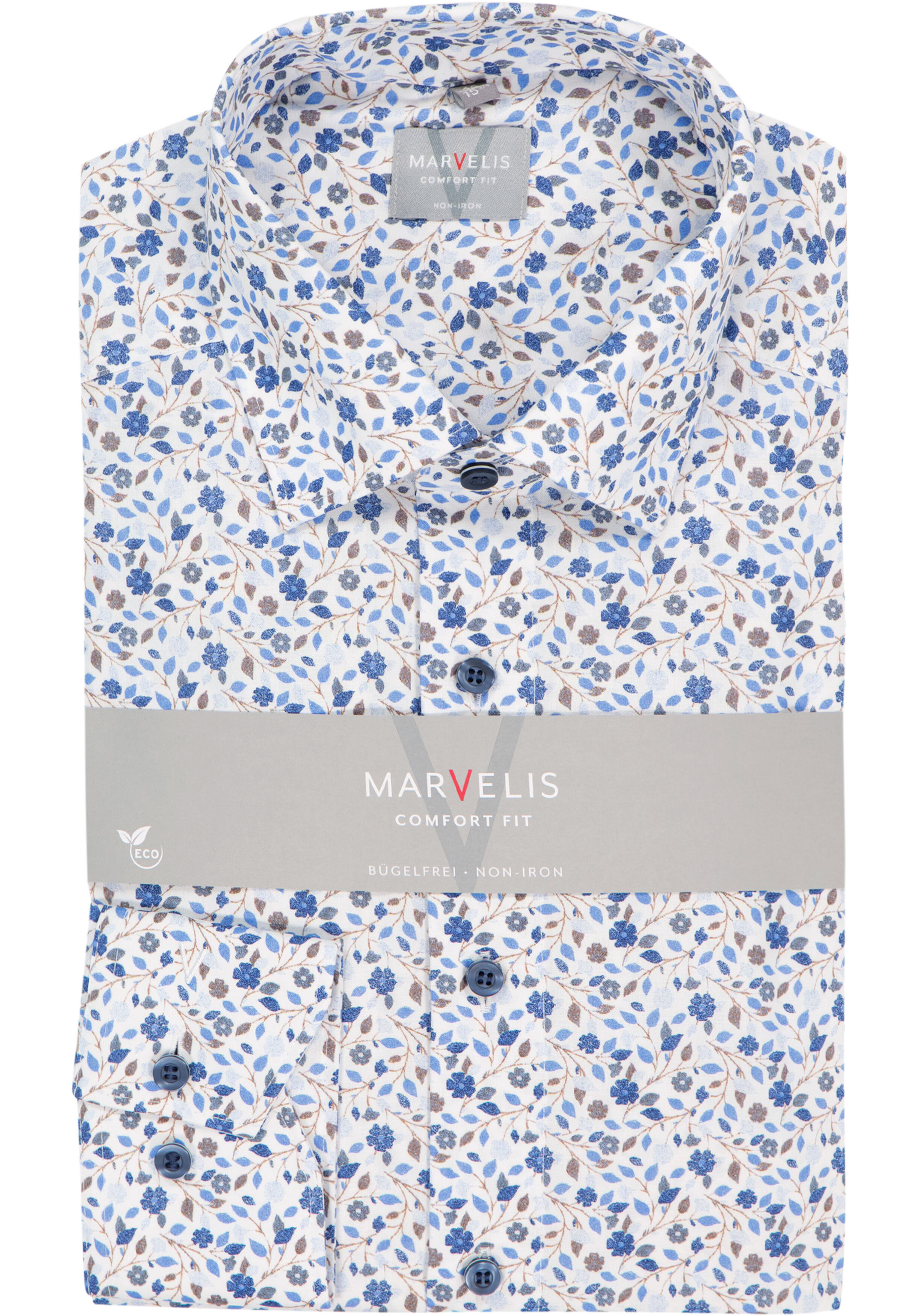MARVELIS comfort fit overhemd, popeline, wit met blauw en beige bloemen dessin