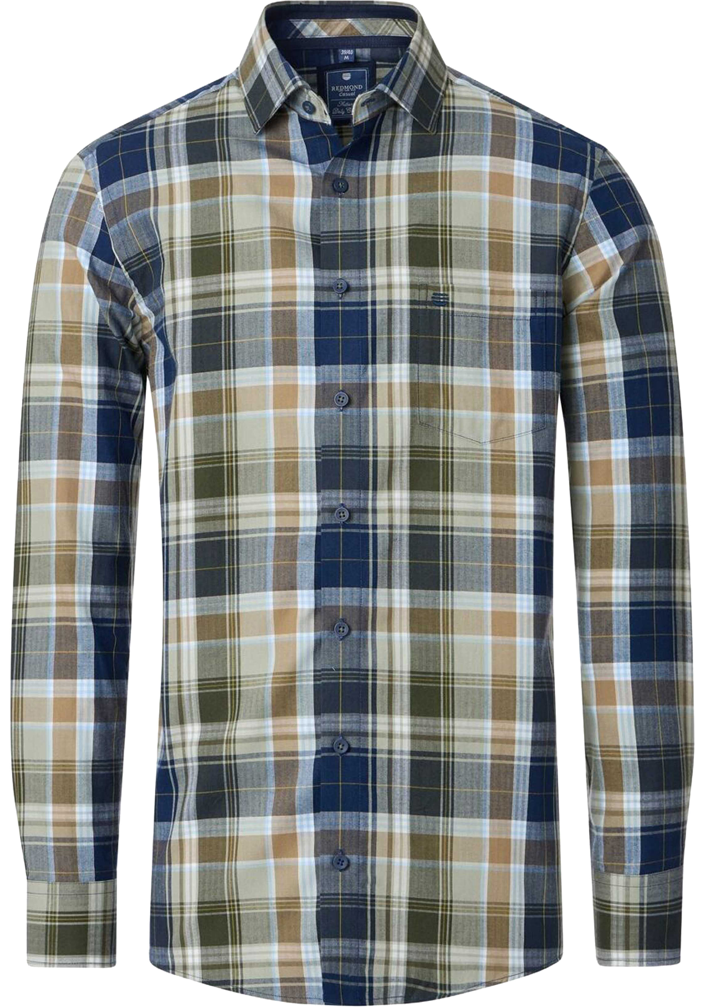 Redmond comfort fit overhemd, twill, blauw met groen en beige  geruit