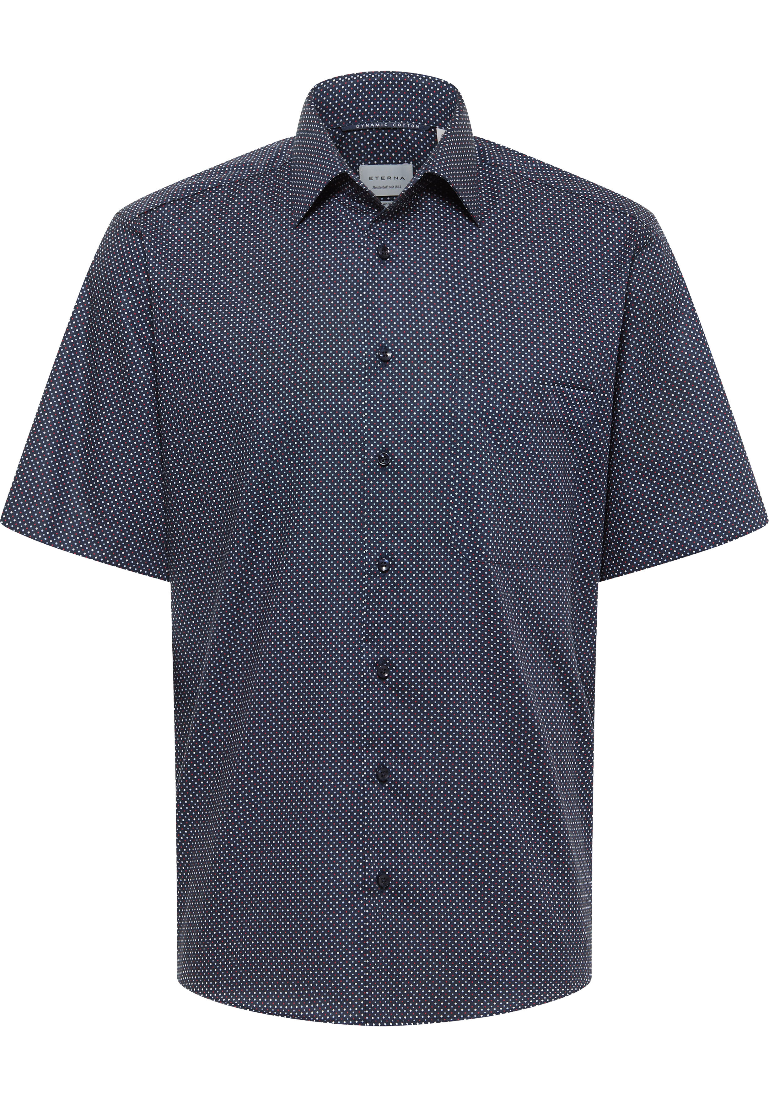 ETERNA comfort fit overhemd korte mouw, popeline, donkerblauw met wit, rood en lichtblauw dessin