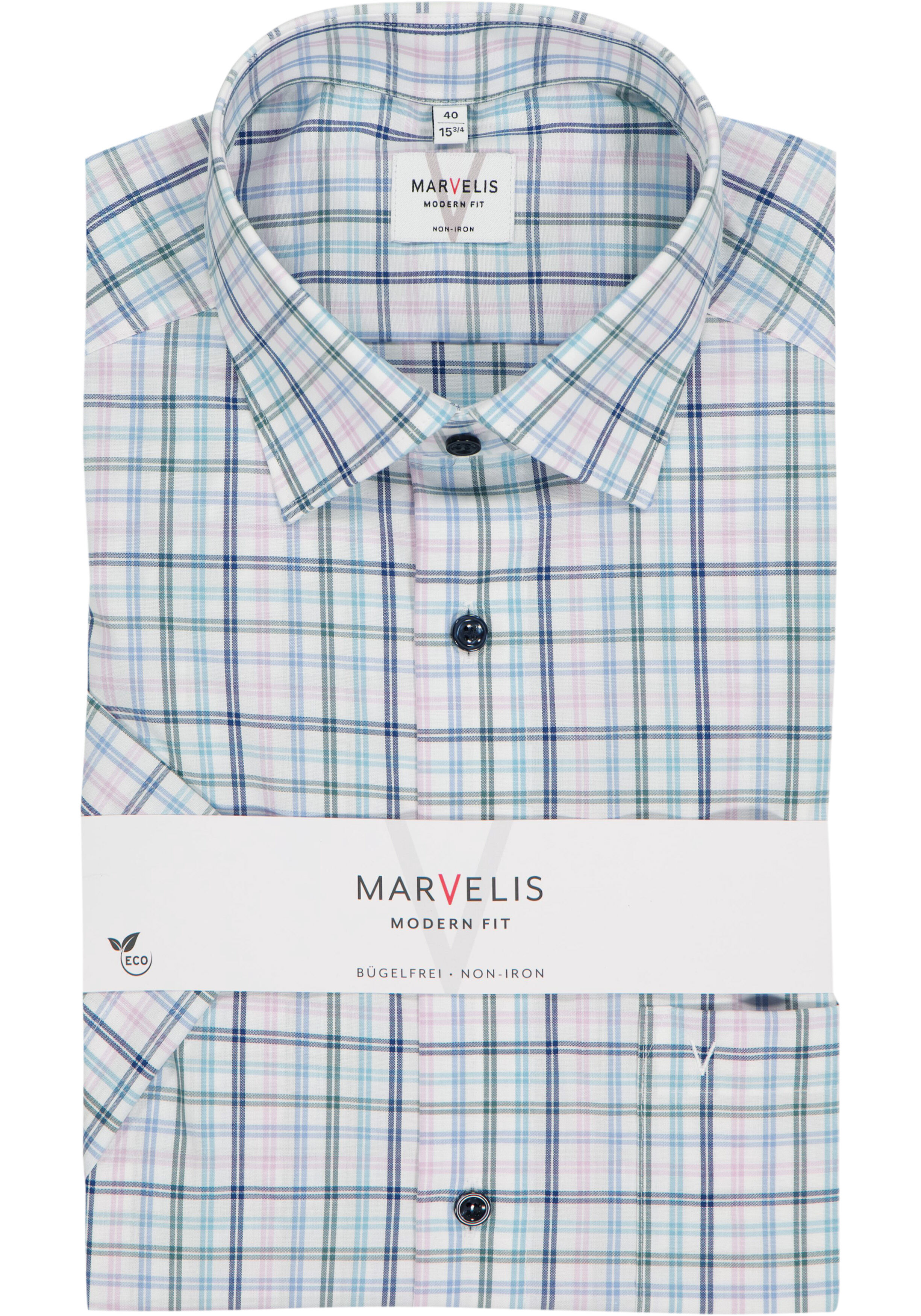 MARVELIS modern fit overhemd, korte mouw, popeline, wit met blauw, groen en roze geruit
