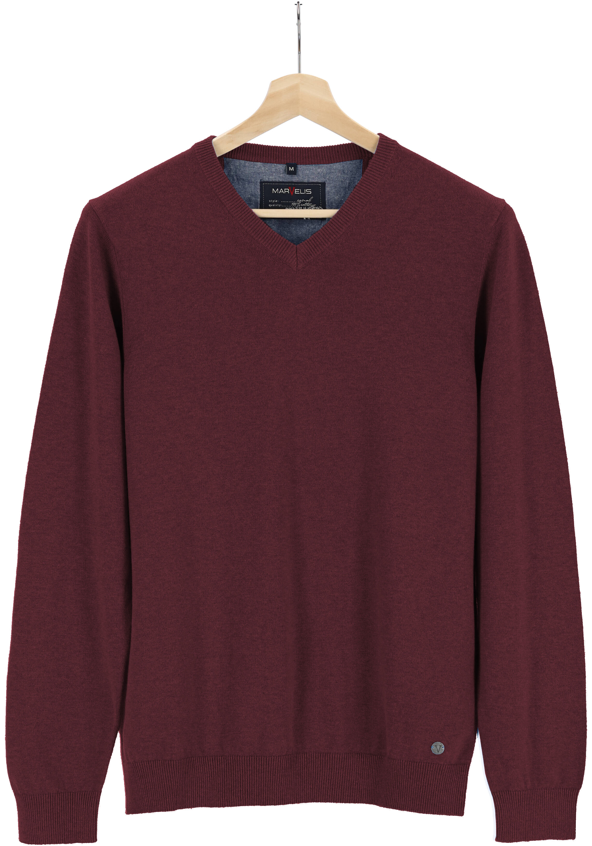 MARVELIS modern fit trui katoen, V-hals, aubergine