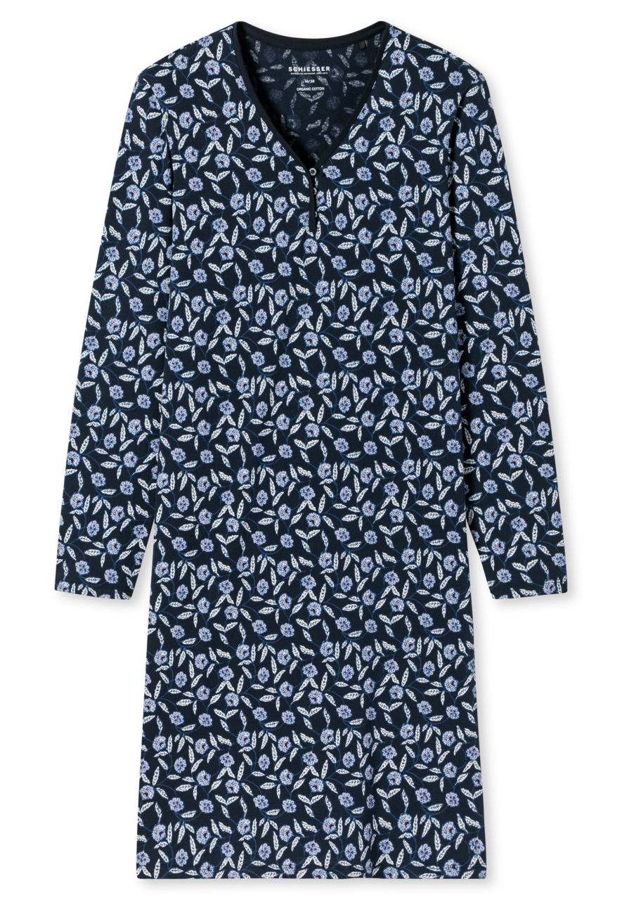 SCHIESSER Comfort Nightwear nachthemd, dames nachthemd lange mouwen biologisch katoen knoopsluiting bloemenprint nachtblauw