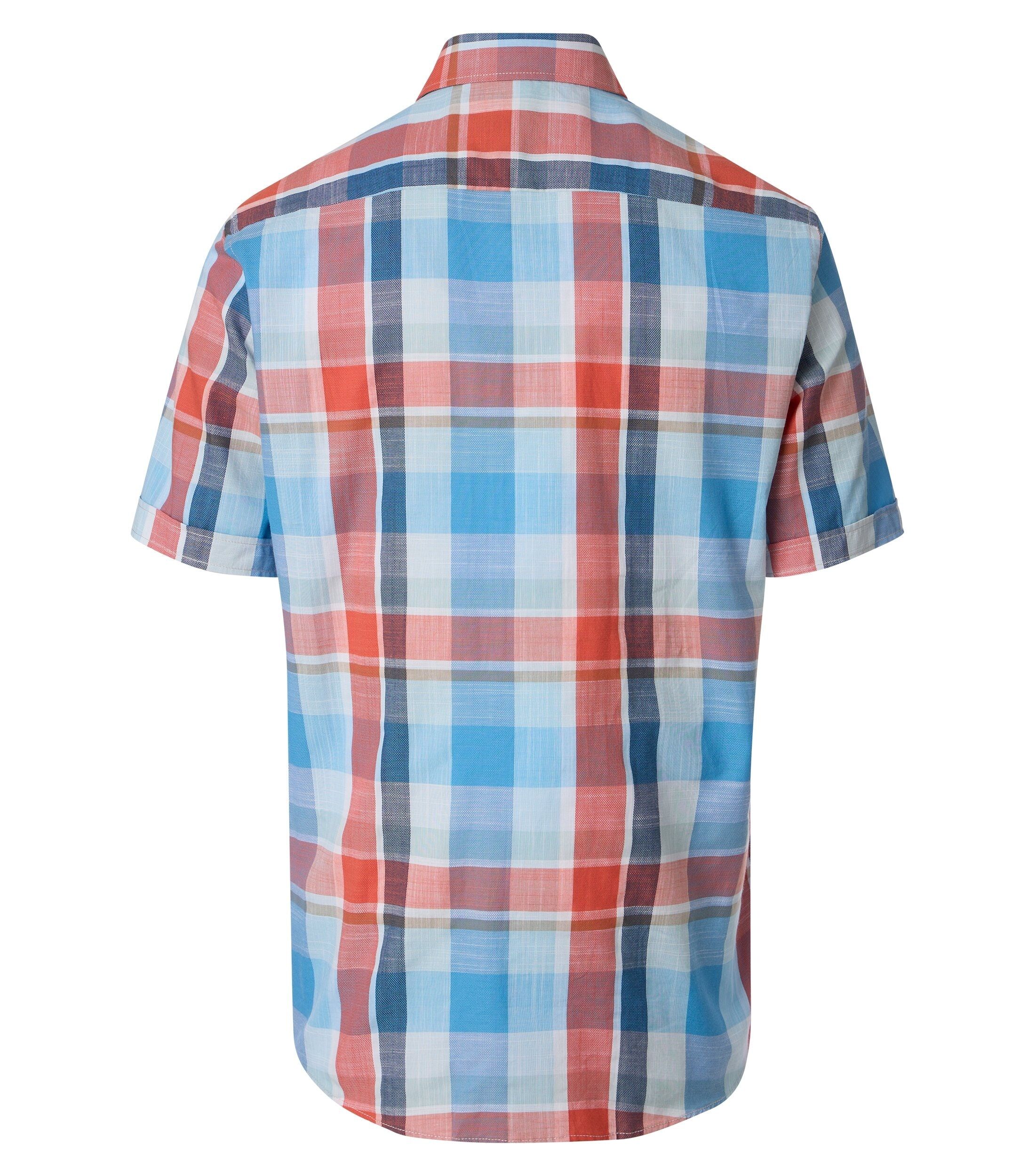CASA MODA Sport casual fit overhemd, korte mouw, chambray, blauw, oranje, wit geruit