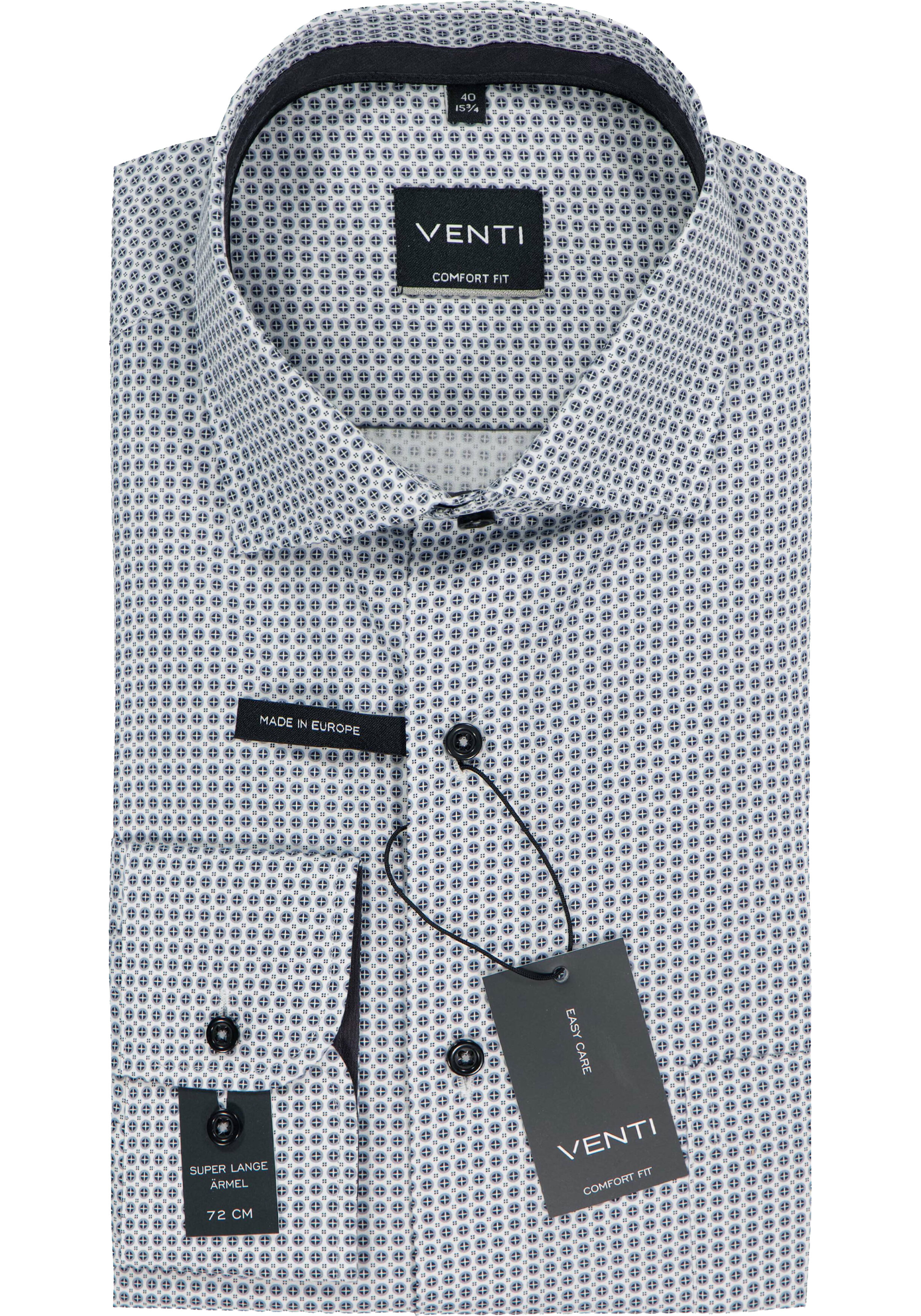 VENTI CASA MODA comfort fit overhemd, mouwlengte 72 cm, popeline, wit met zwart en grijs dessin