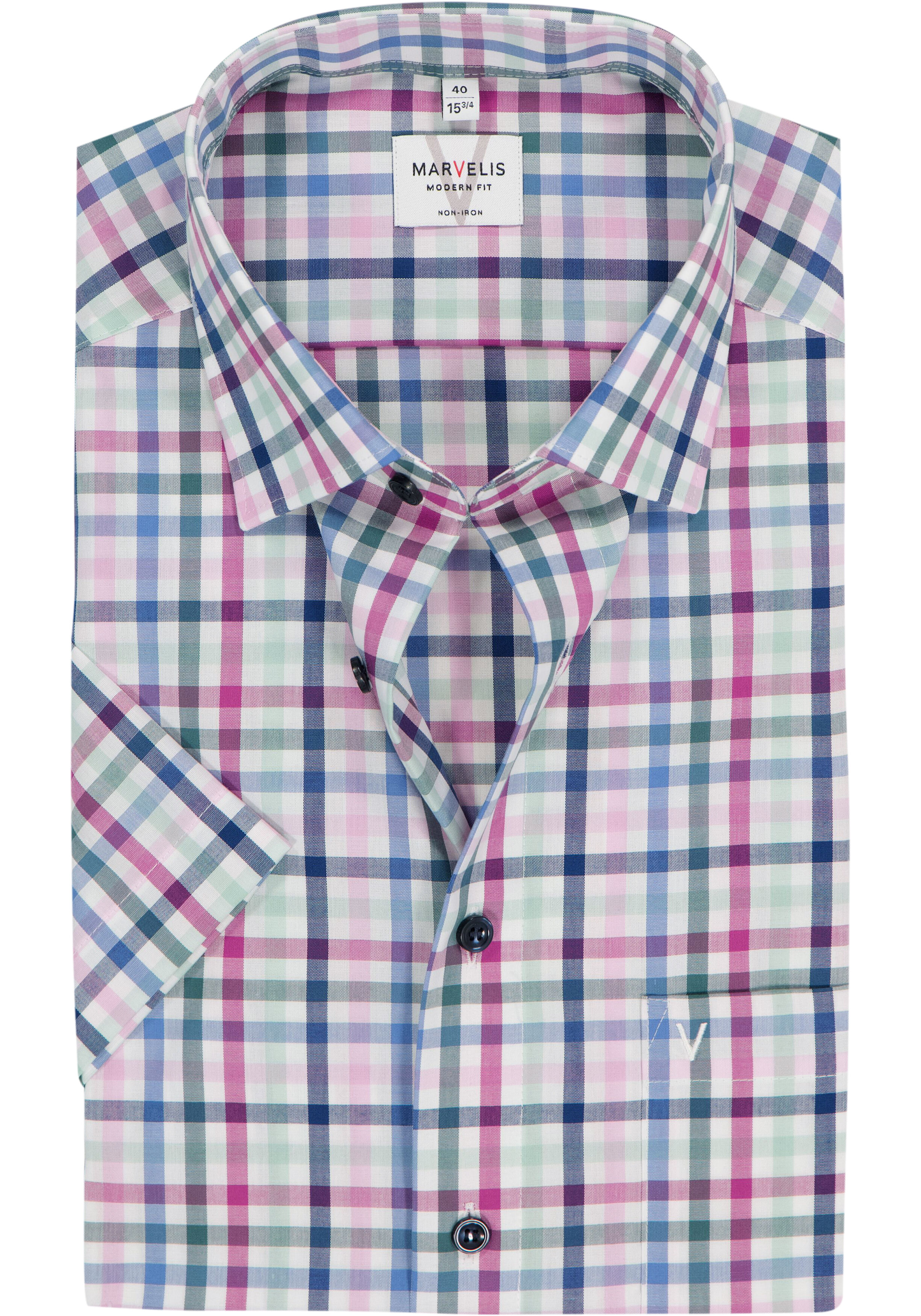 MARVELIS modern fit overhemd, korte mouw, popeline, wit met blauw, groen en roze geruit