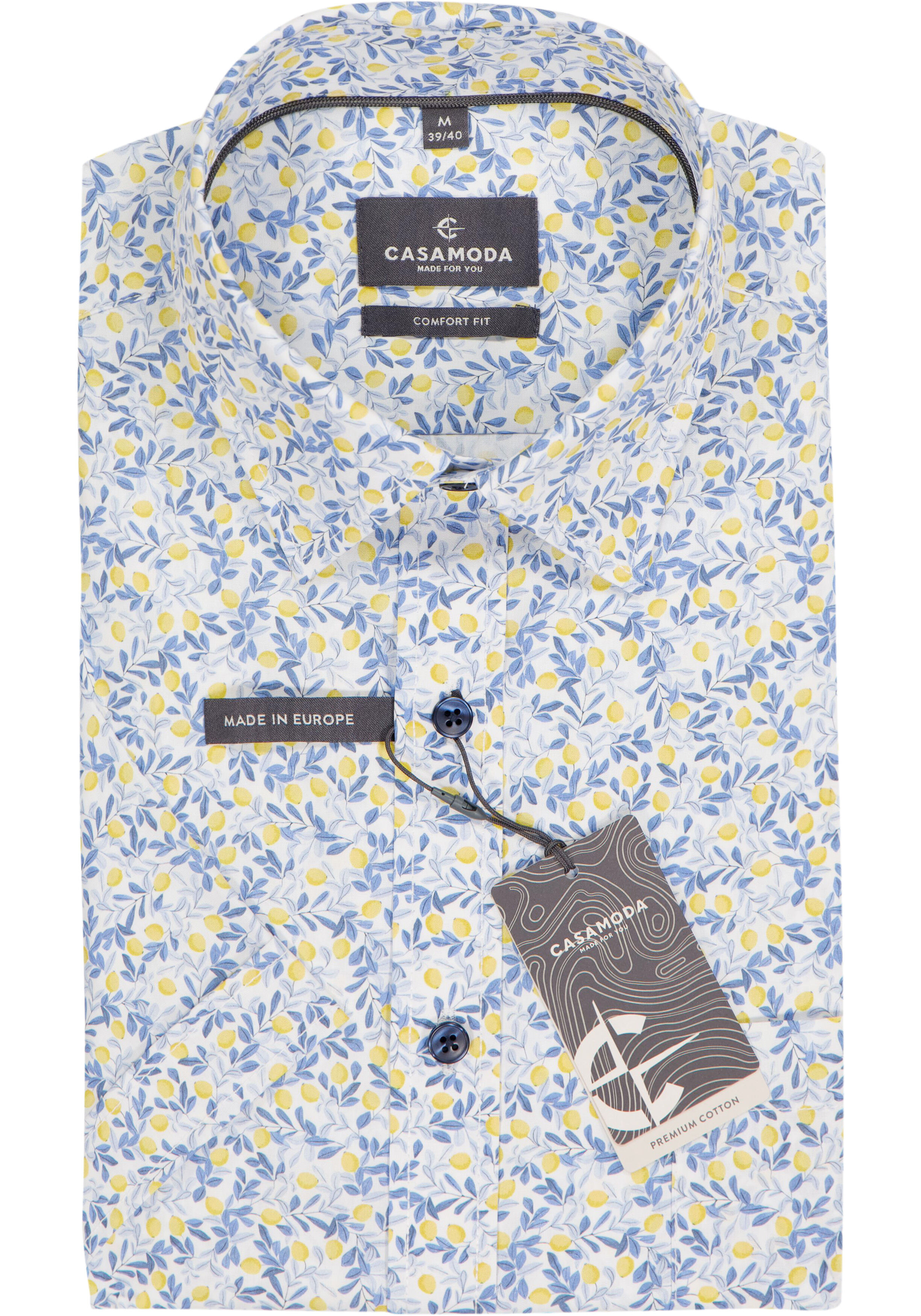 CASAMODA Sport comfort fit overhemd, korte mouw, popeline, wit met blauw en geel citroenen dessin
