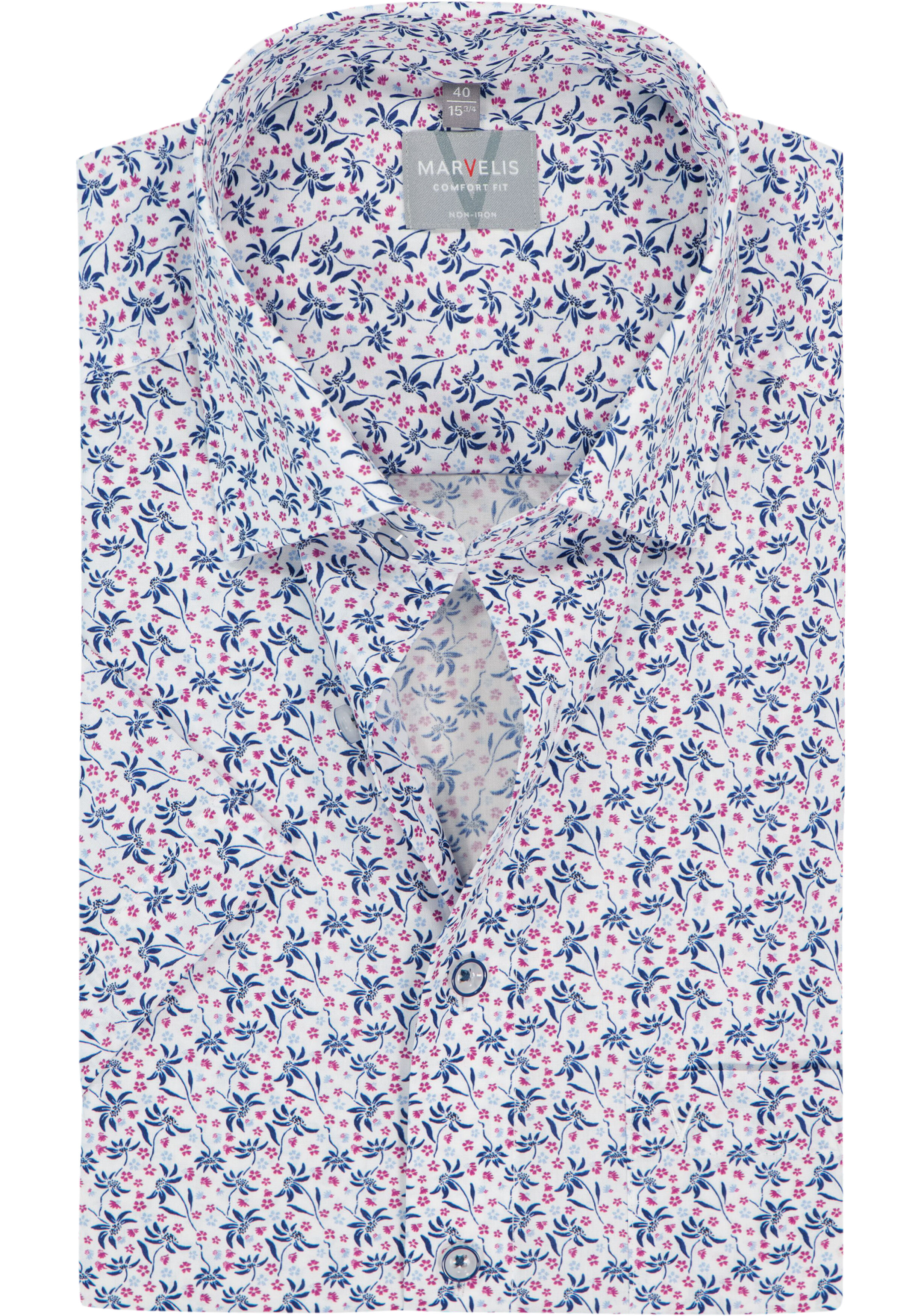 MARVELIS comfort fit overhemd, korte mouw, popeline, wit met blauw en donkerroze bloemetjes dessin